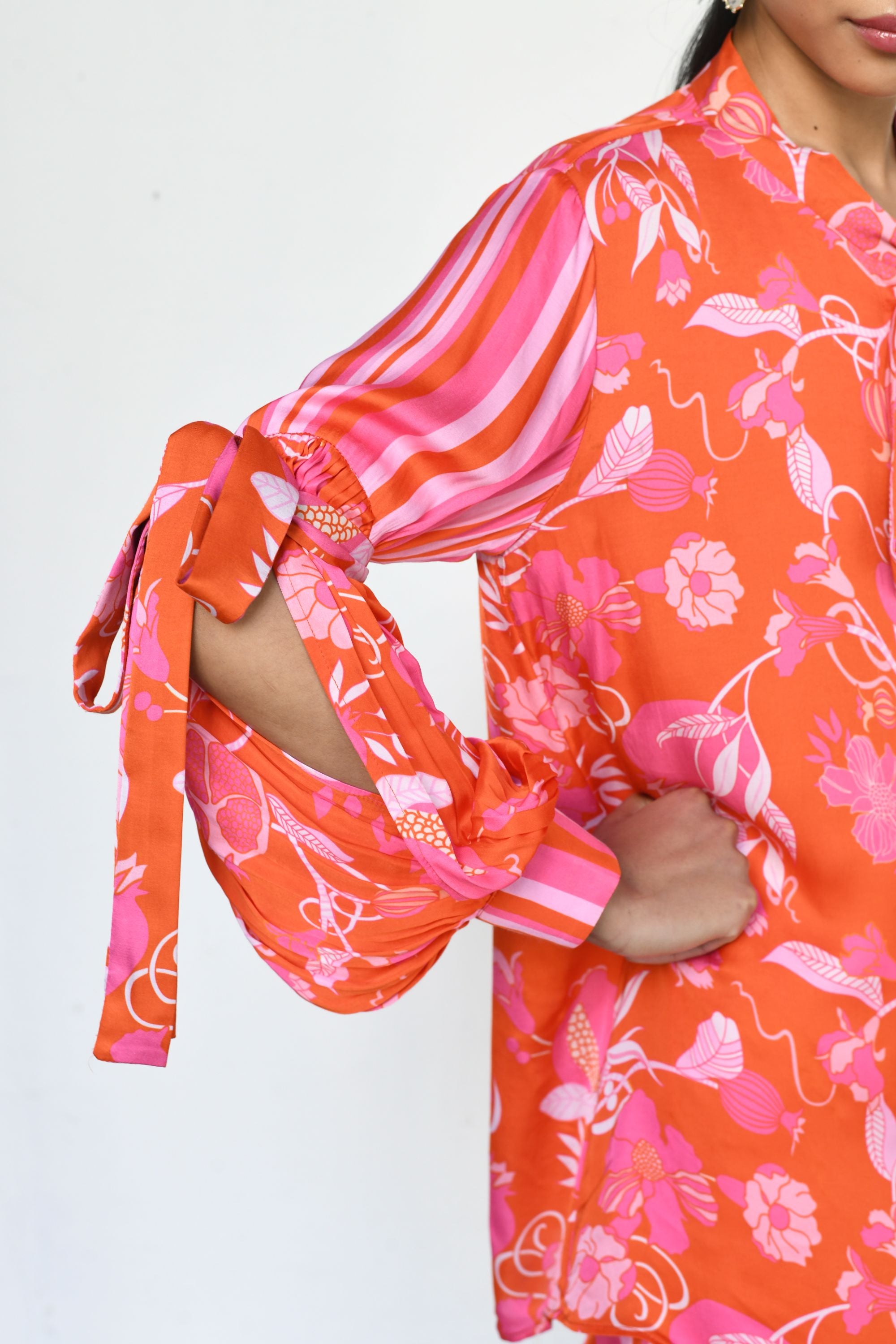 Modal Satin Tie-Knot Top with Slit Sleeves & Striped Pants