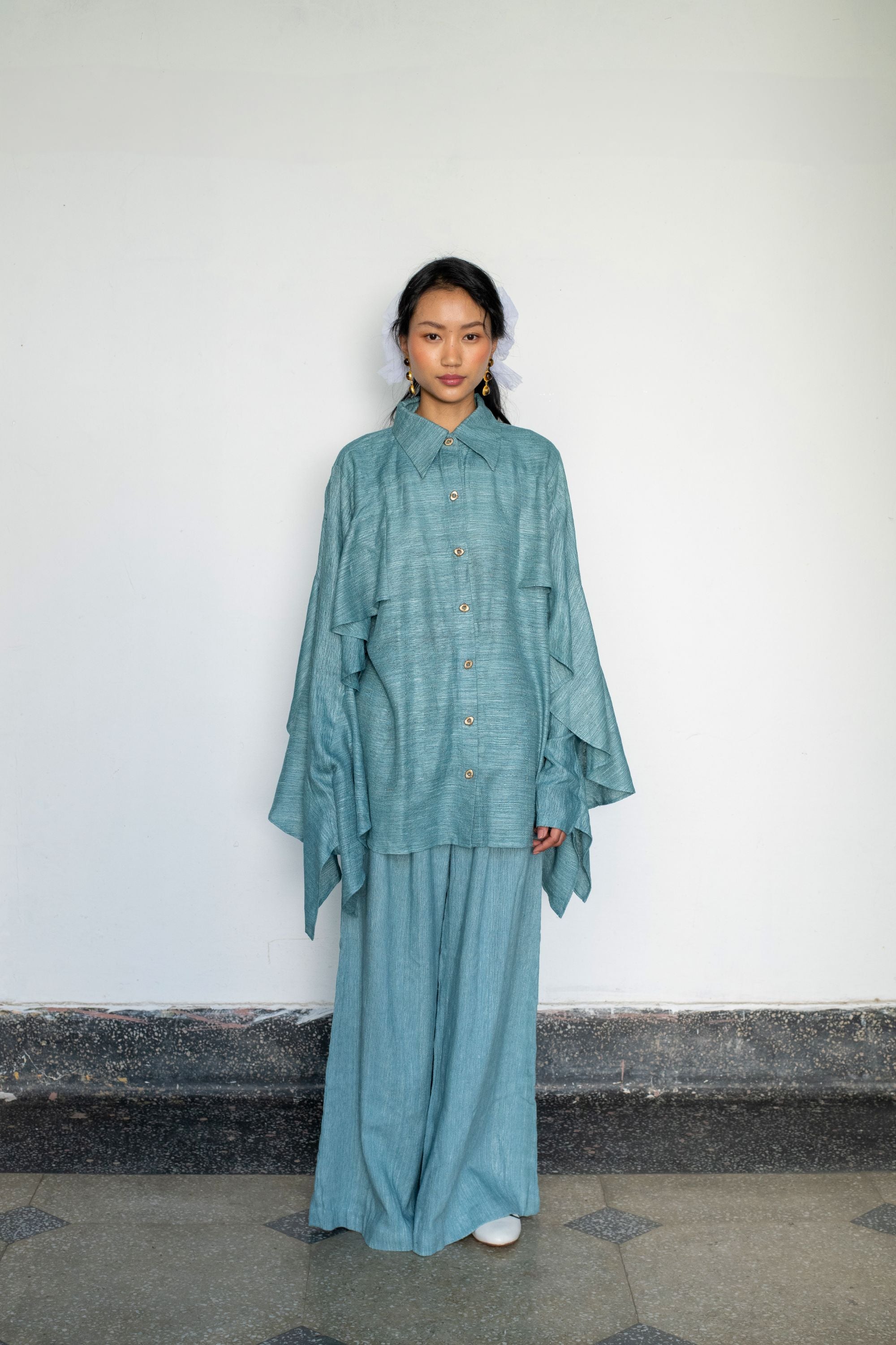 Luxurious Linen Silk Shirt with Dramatic Flares & Wide-Leg Pants
