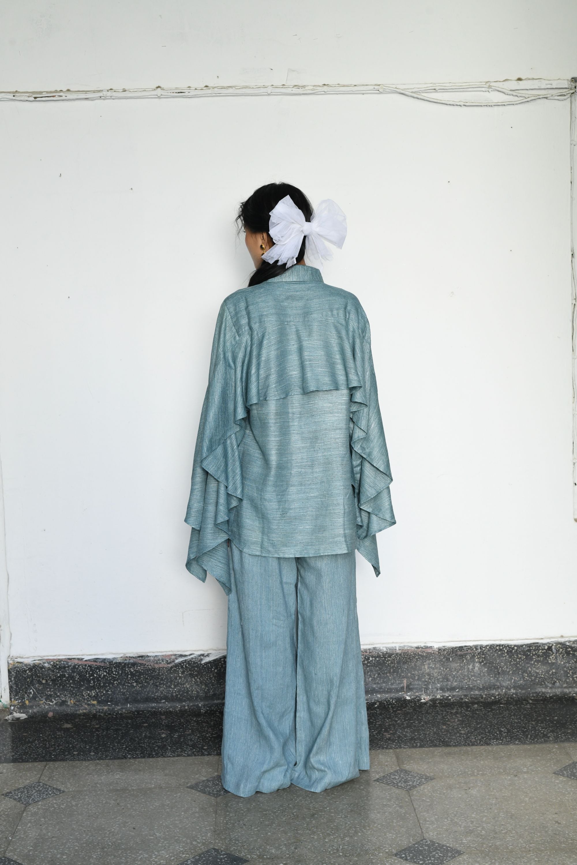 Luxurious Linen Silk Shirt with Dramatic Flares & Wide-Leg Pants