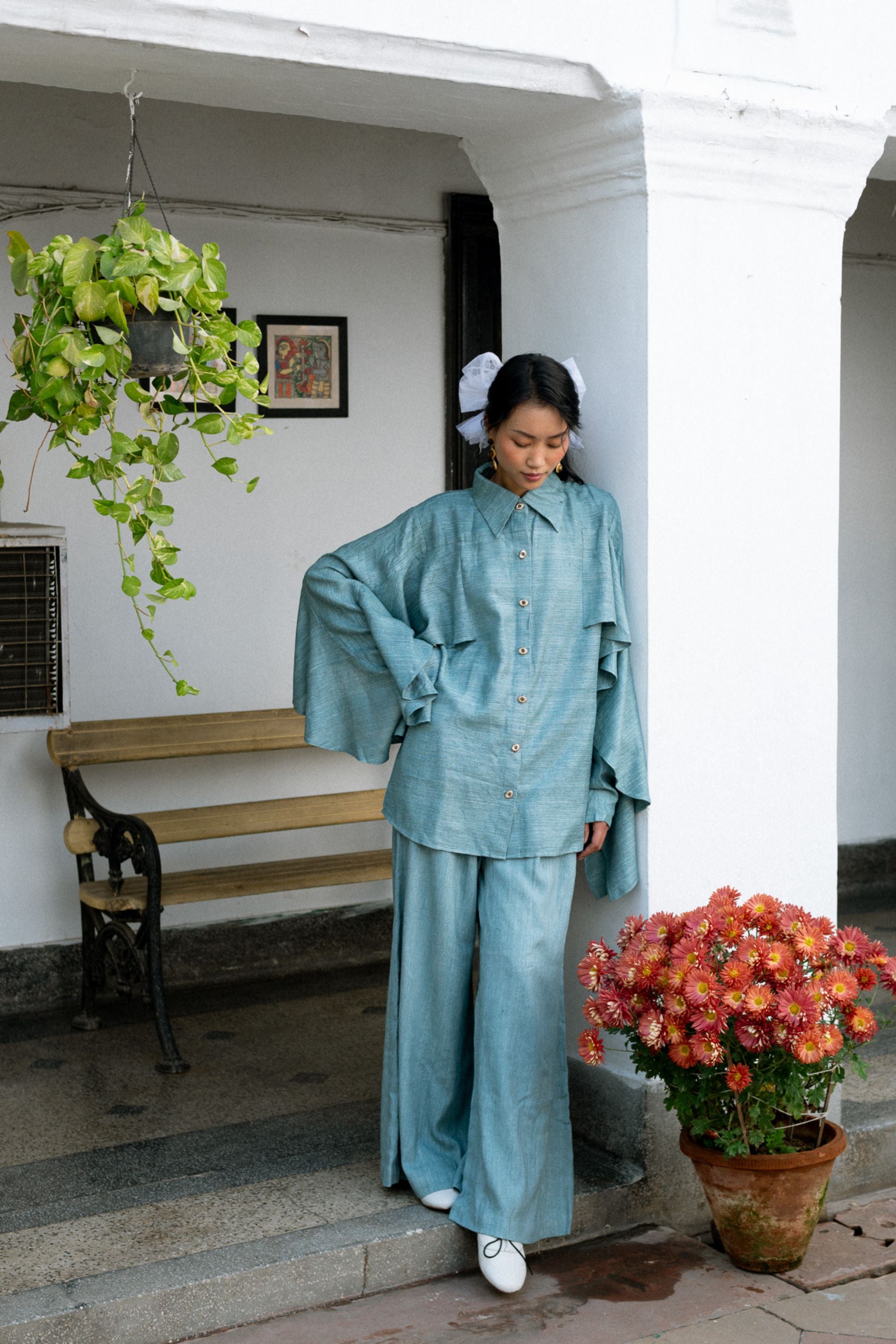 Luxurious Linen Silk Shirt with Dramatic Flares & Wide-Leg Pants