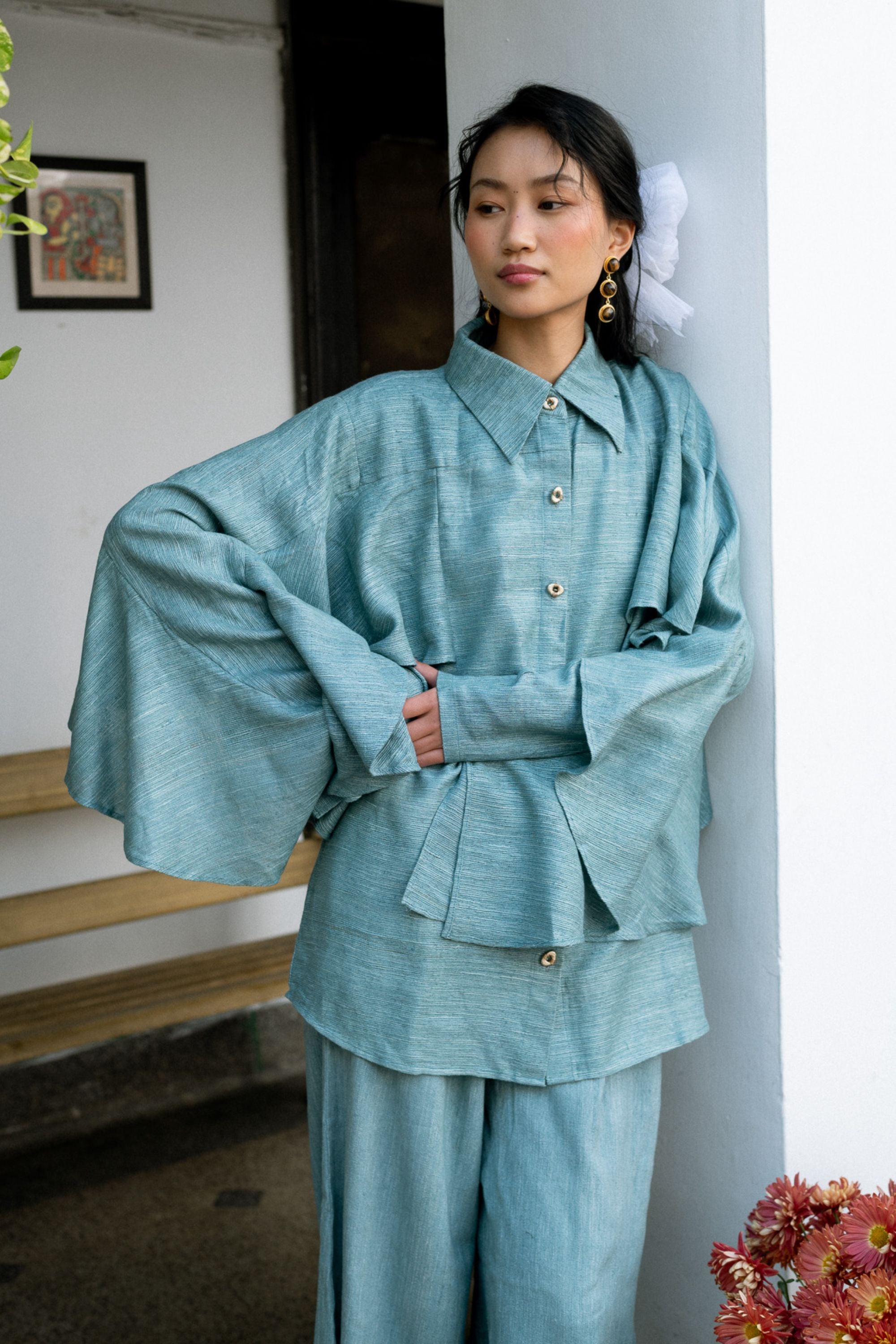 Luxurious Linen Silk Shirt with Dramatic Flares & Wide-Leg Pants