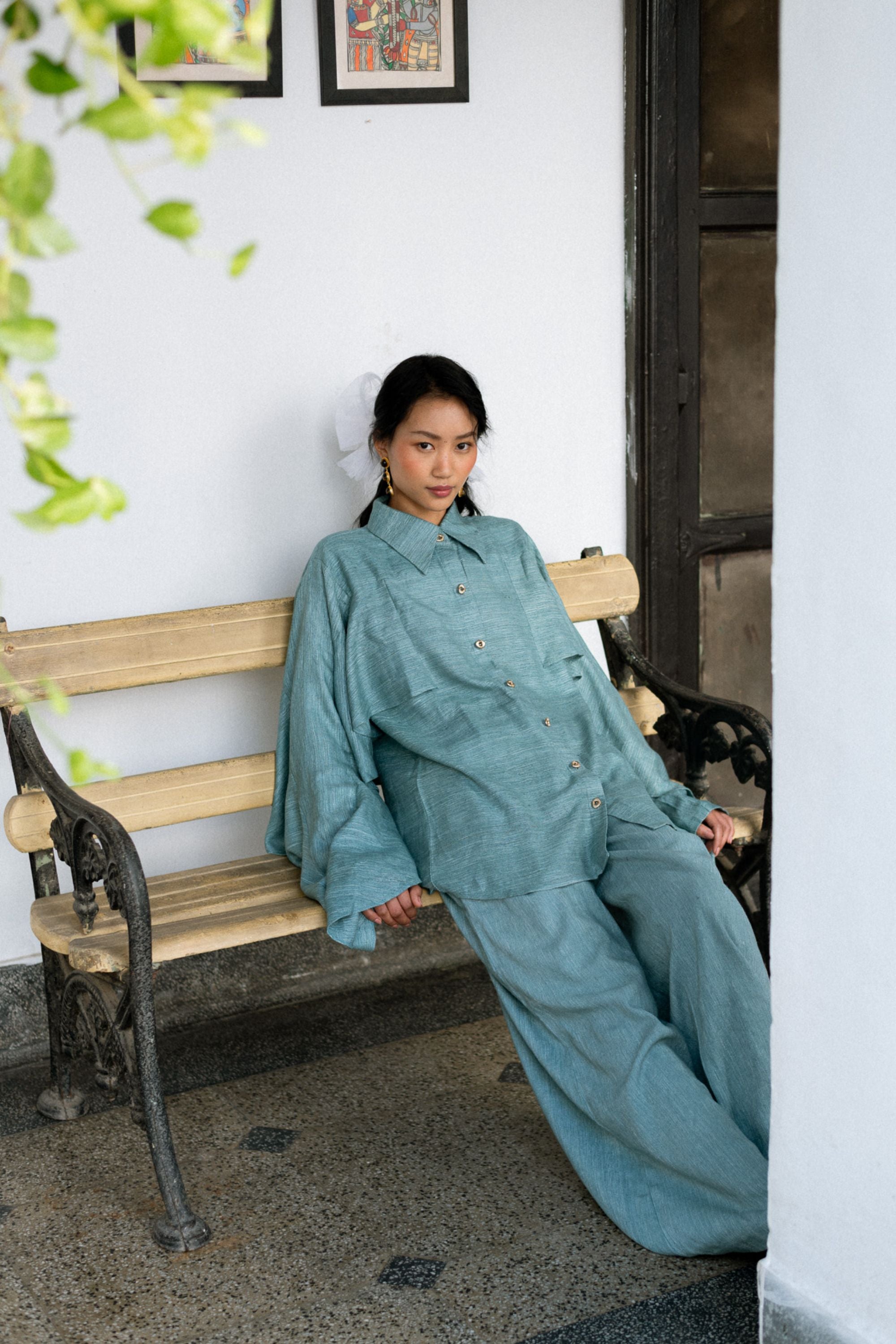 Luxurious Linen Silk Shirt with Dramatic Flares & Wide-Leg Pants