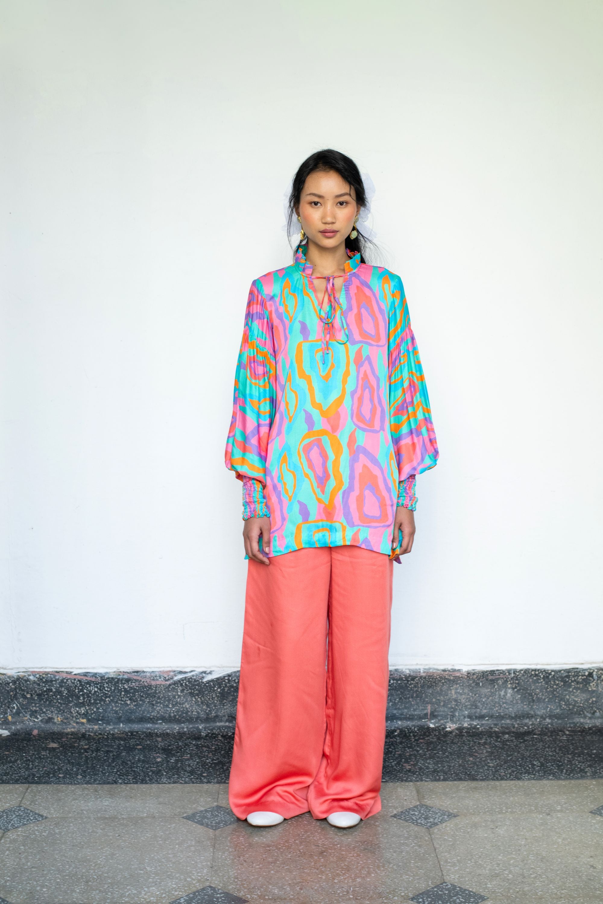 Modal Satin Print Top with Ruffle Collar & Crimson Pants