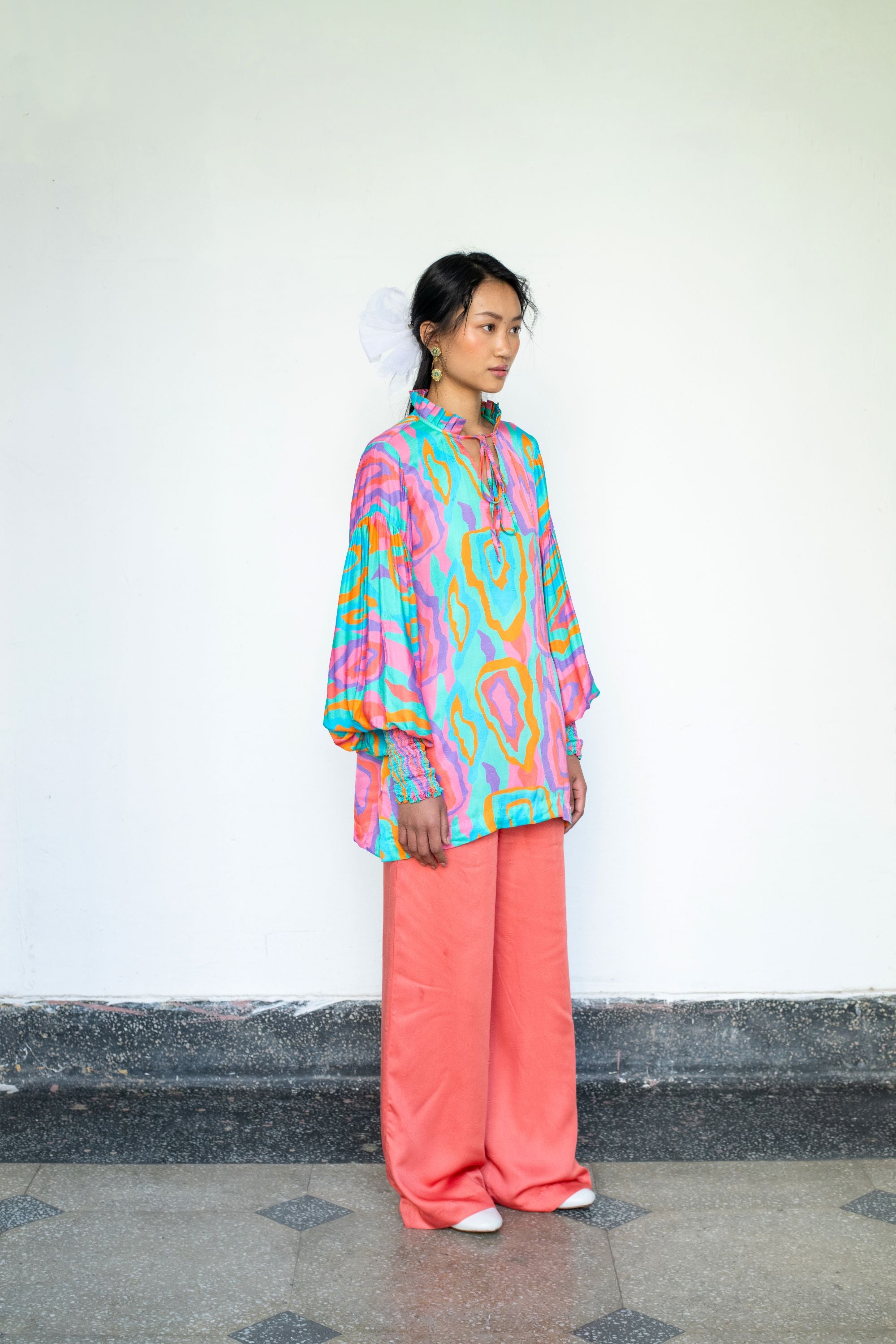 Modal Satin Print Top with Ruffle Collar & Crimson Pants