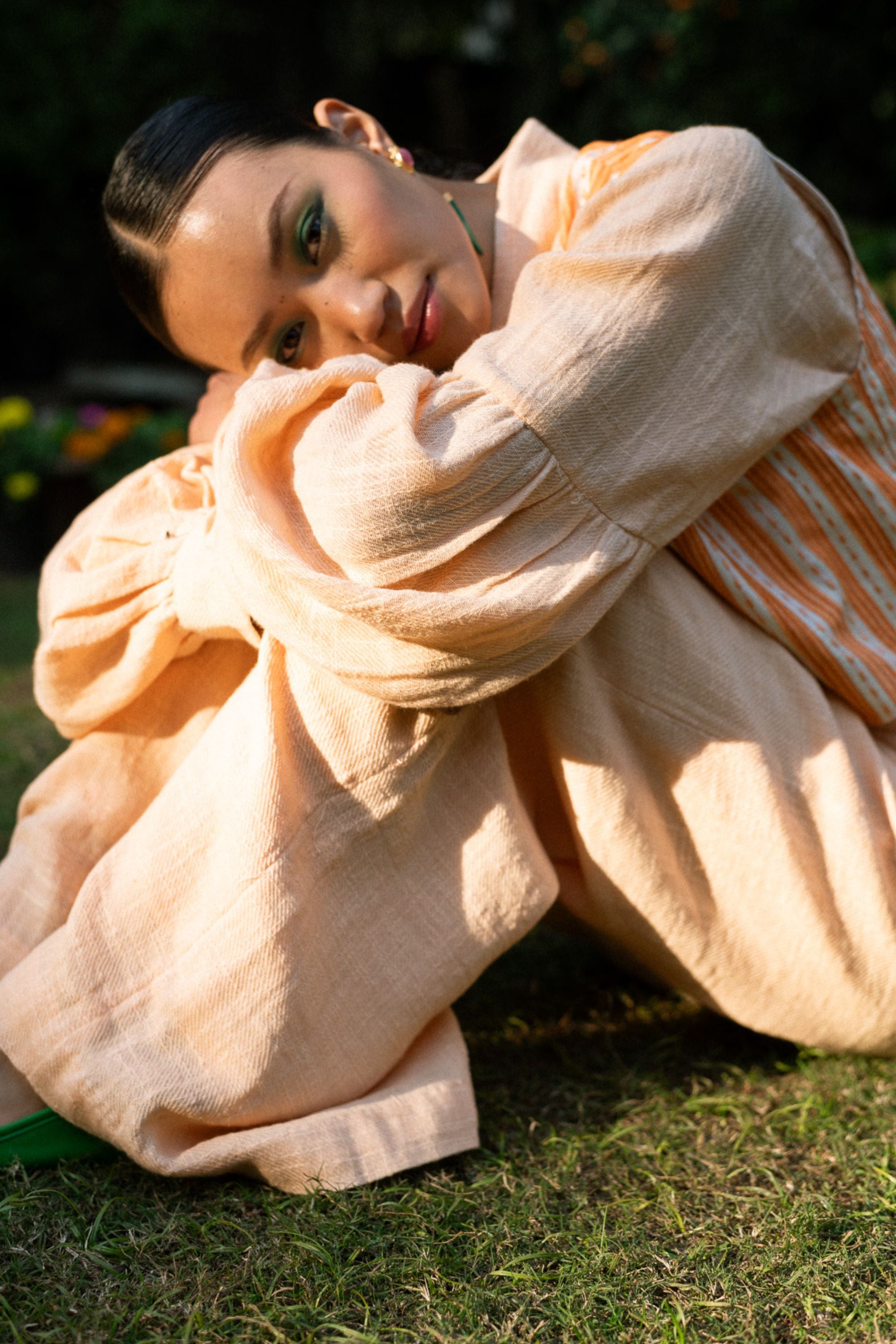 Linen Bishop Sleeve Shirt with Pleated Pants & Short Jacket