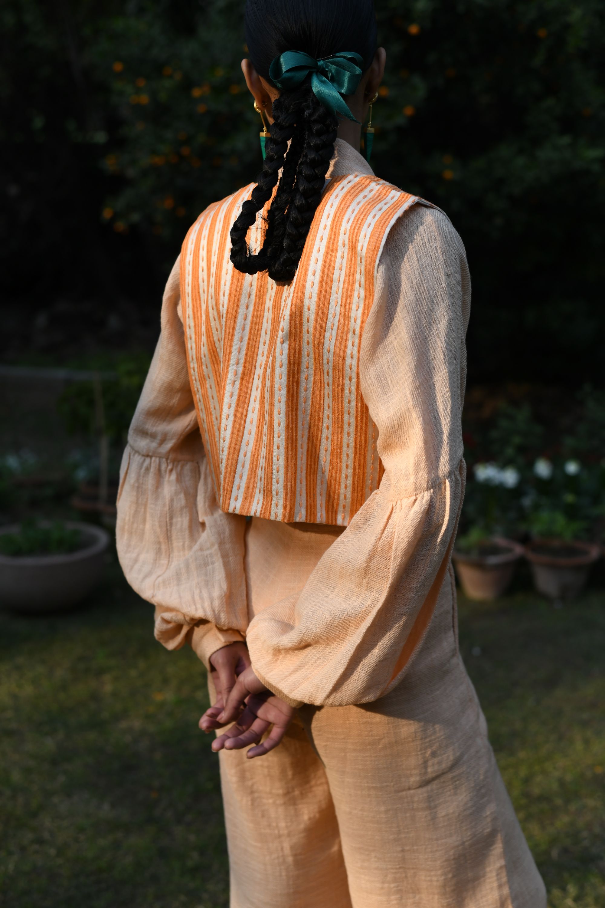 Linen Bishop Sleeve Shirt with Pleated Pants & Short Jacket