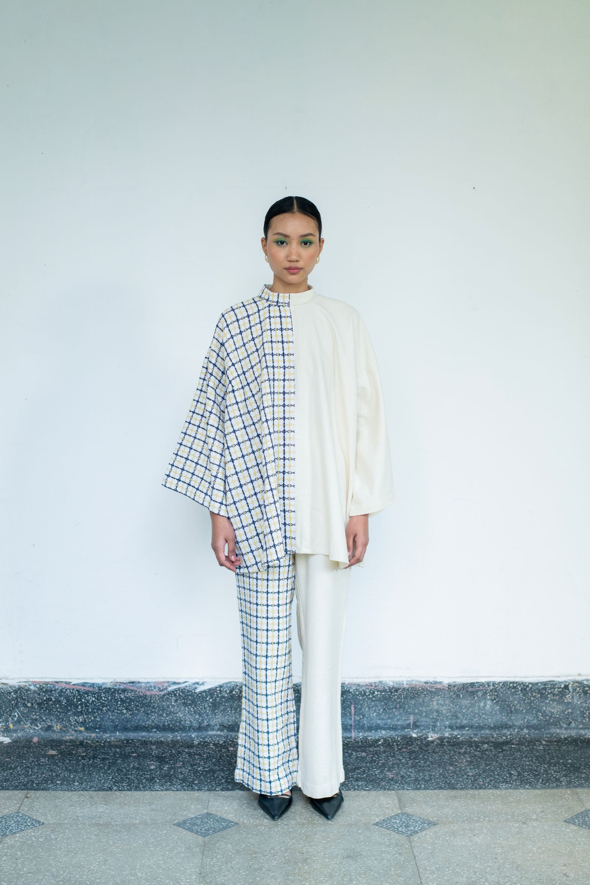 Oversized High-Neck Linen Top with Flared Pants