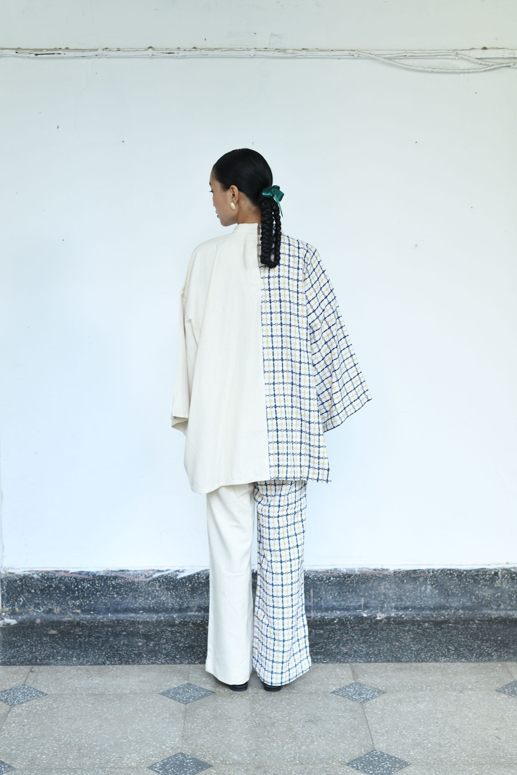 Oversized High-Neck Linen Top with Flared Pants