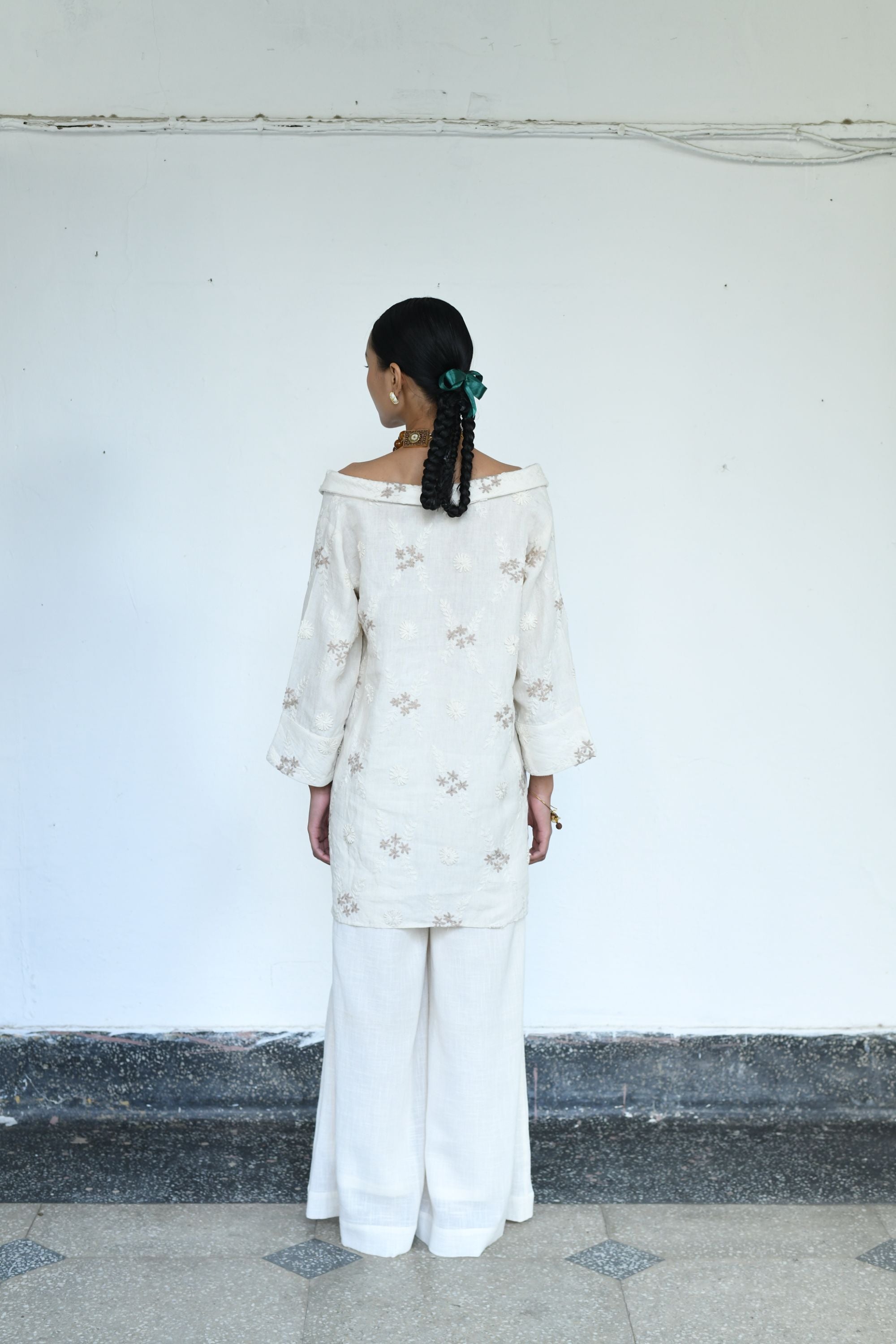 Embroidered Linen Portrait Collar Shirt with Flared Pants