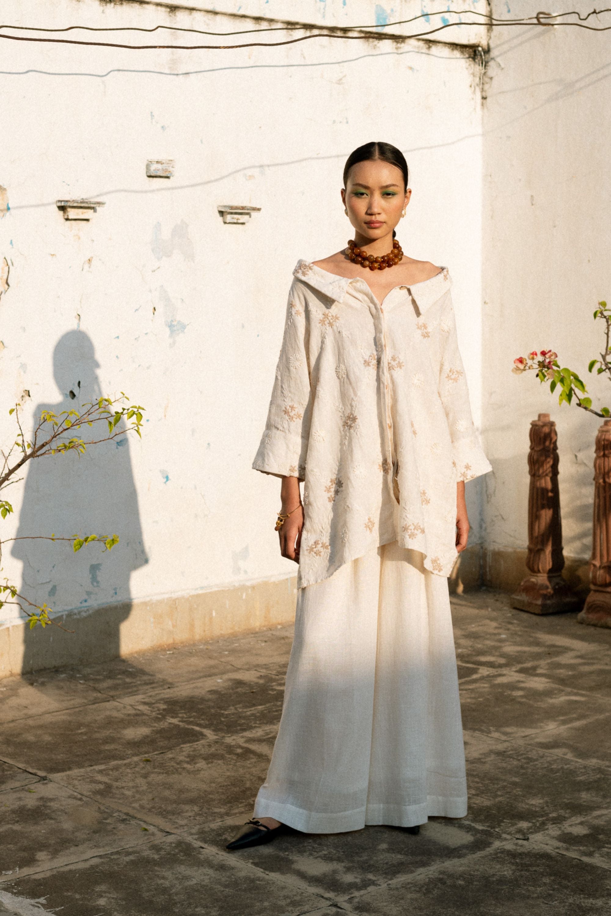 Embroidered Linen Portrait Collar Shirt with Flared Pants