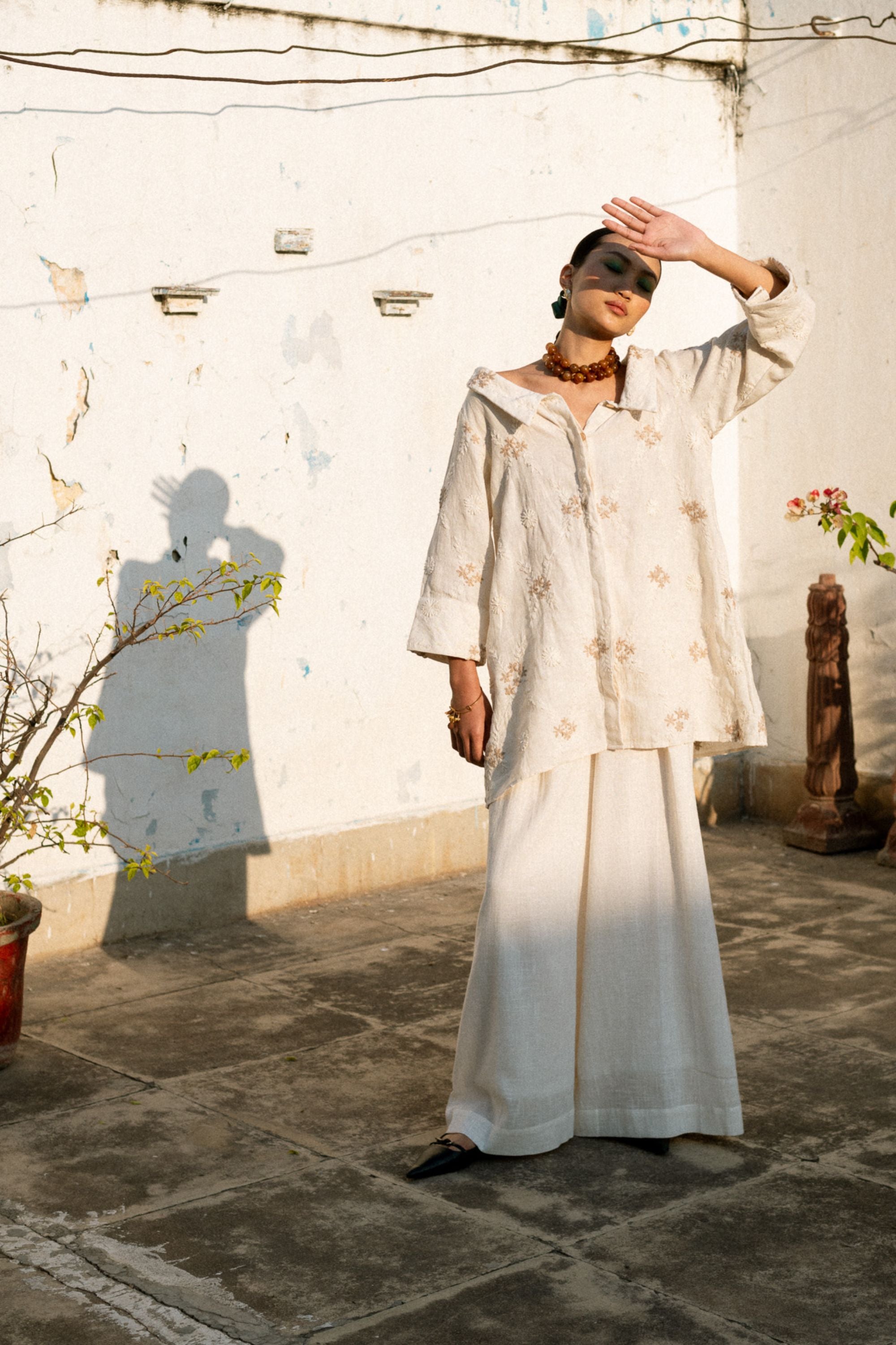 Embroidered Linen Portrait Collar Shirt with Flared Pants