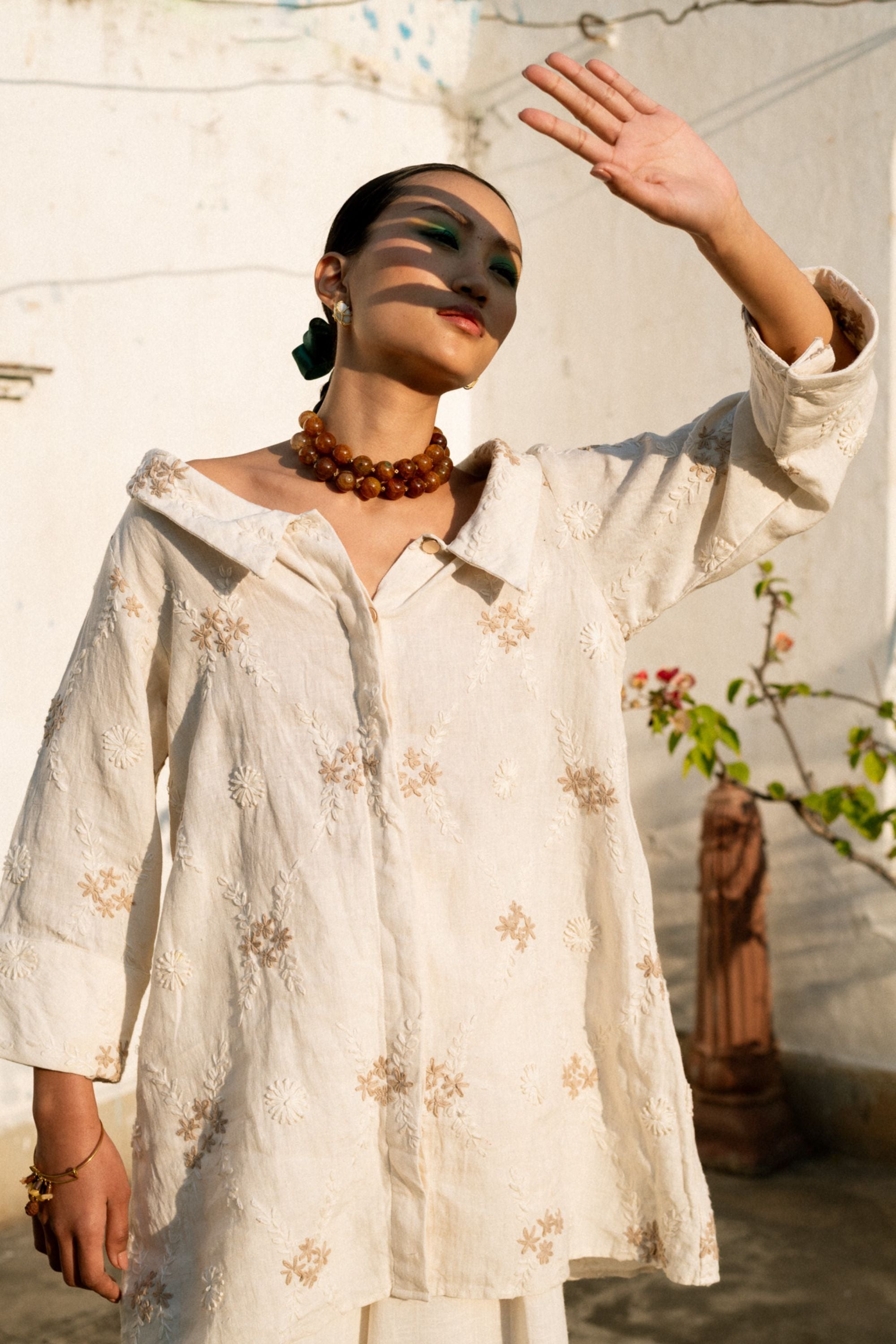 Embroidered Linen Portrait Collar Shirt with Flared Pants