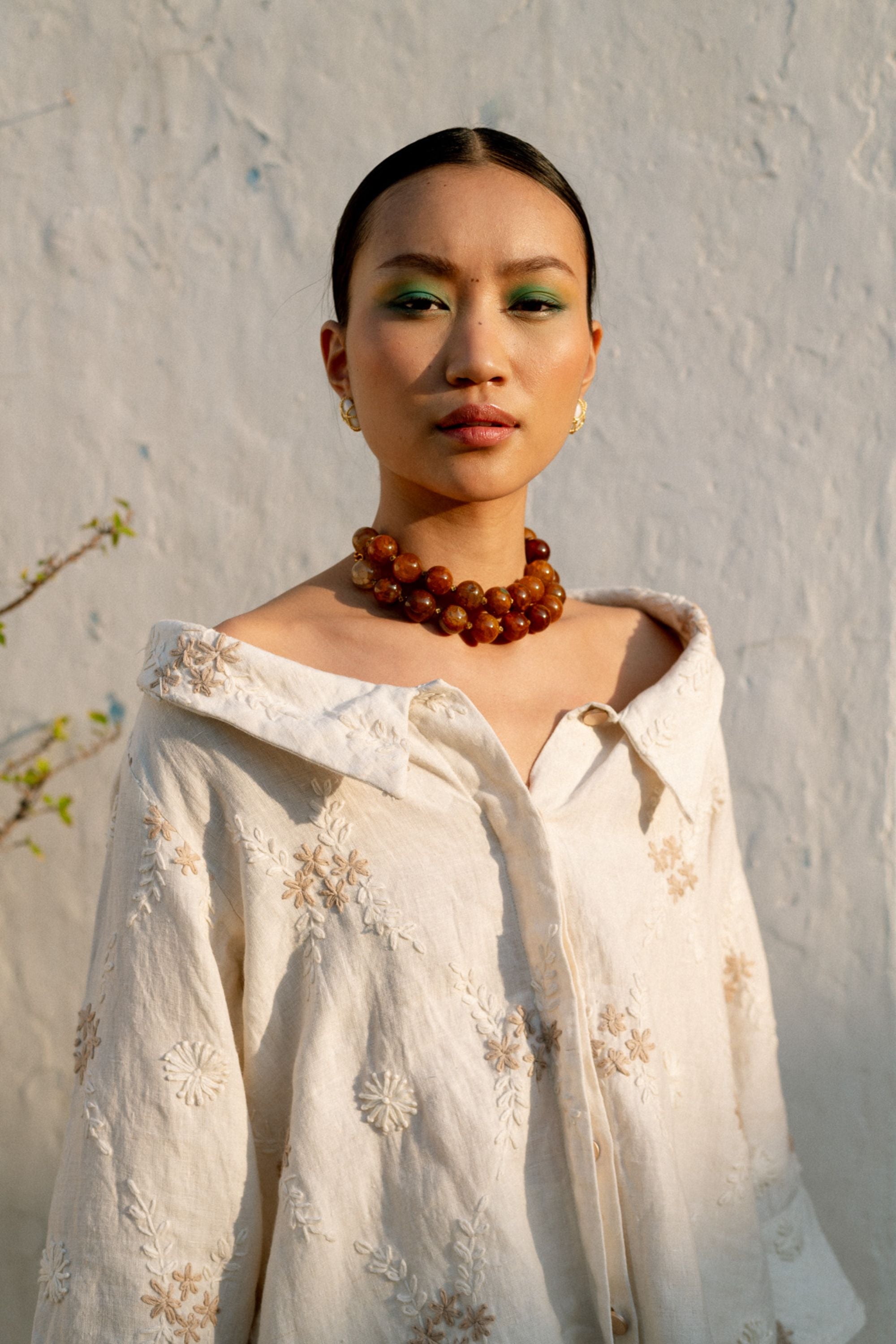 Embroidered Linen Portrait Collar Shirt with Flared Pants