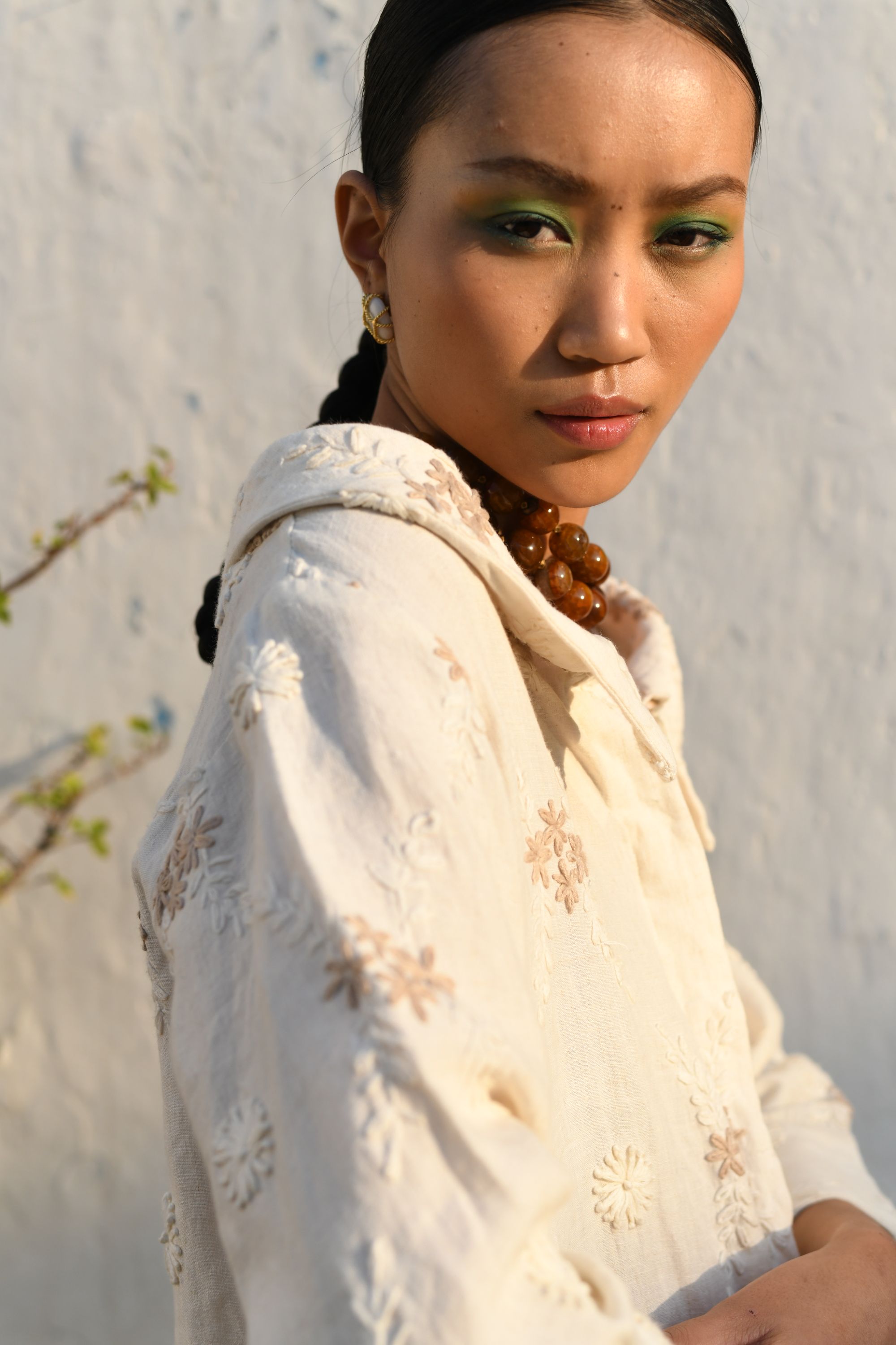 Embroidered Linen Portrait Collar Shirt with Flared Pants