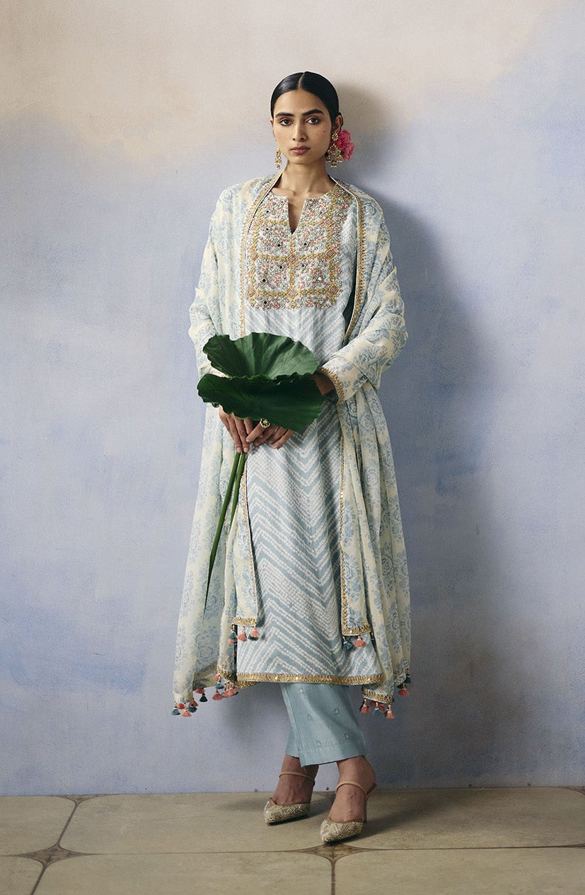 Blue Bandhej Kurta Pant Set With Dupatta