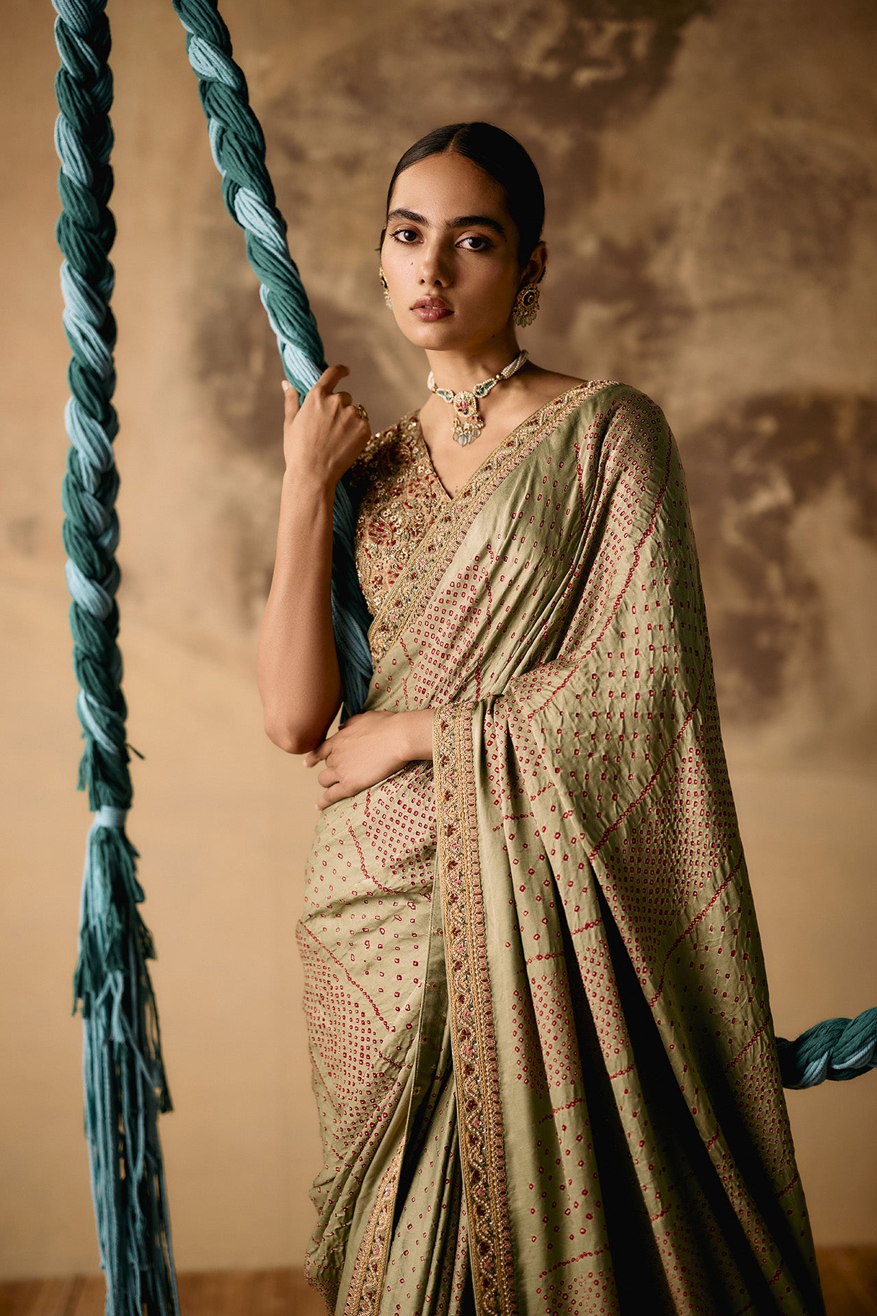 Sage Green Bandhani Saree