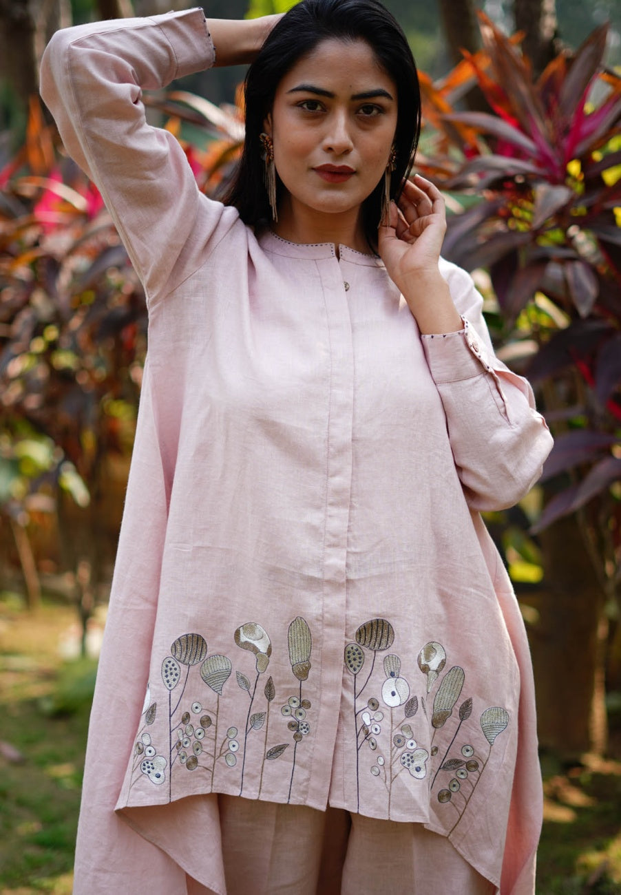 Light Pink Embroidered Highlow Tunic