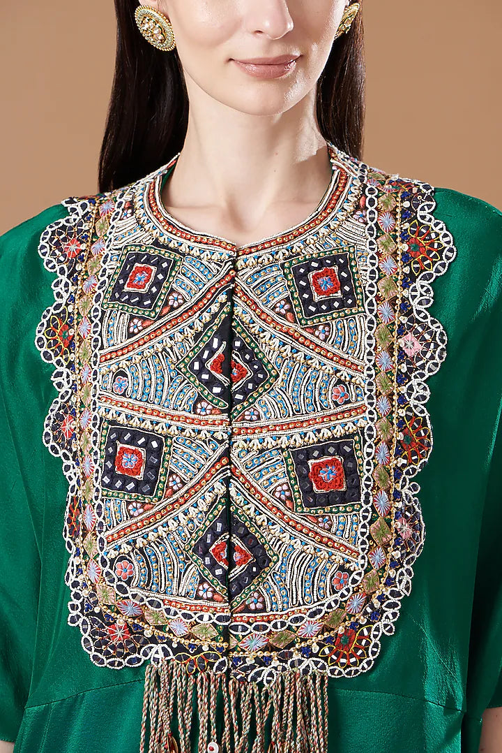 Green Dupion Embroidered Boho Cape Set