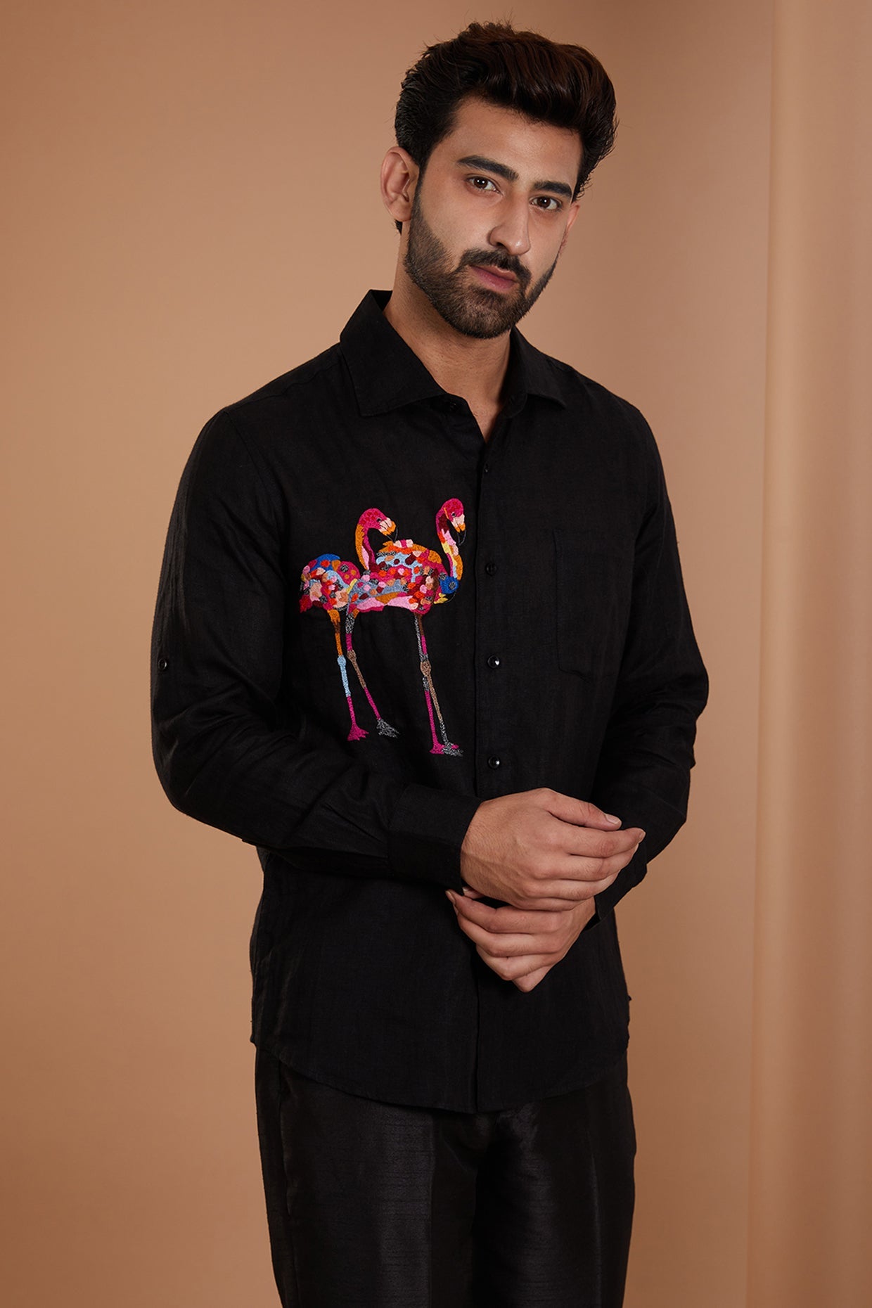 Black Pure Linen Flamingo Embroidered Shirt