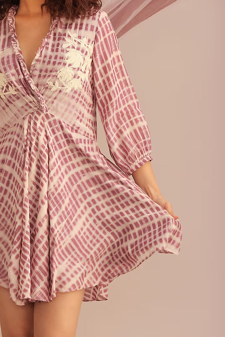 Lavender Cotton Silk Printed & Embroidered Wrap Dress