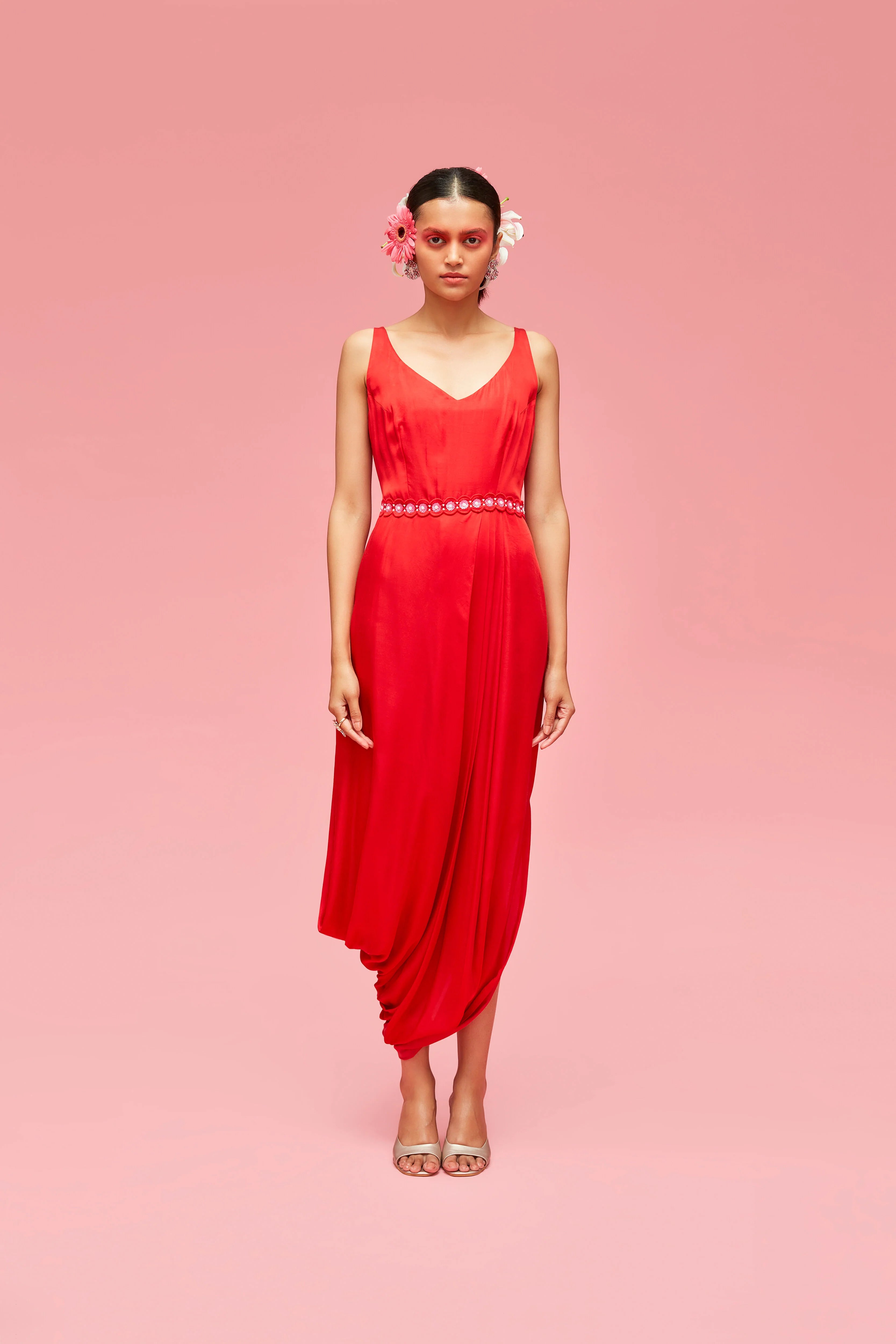 Red Pink Izmir Cape Jacket With Draped Dress