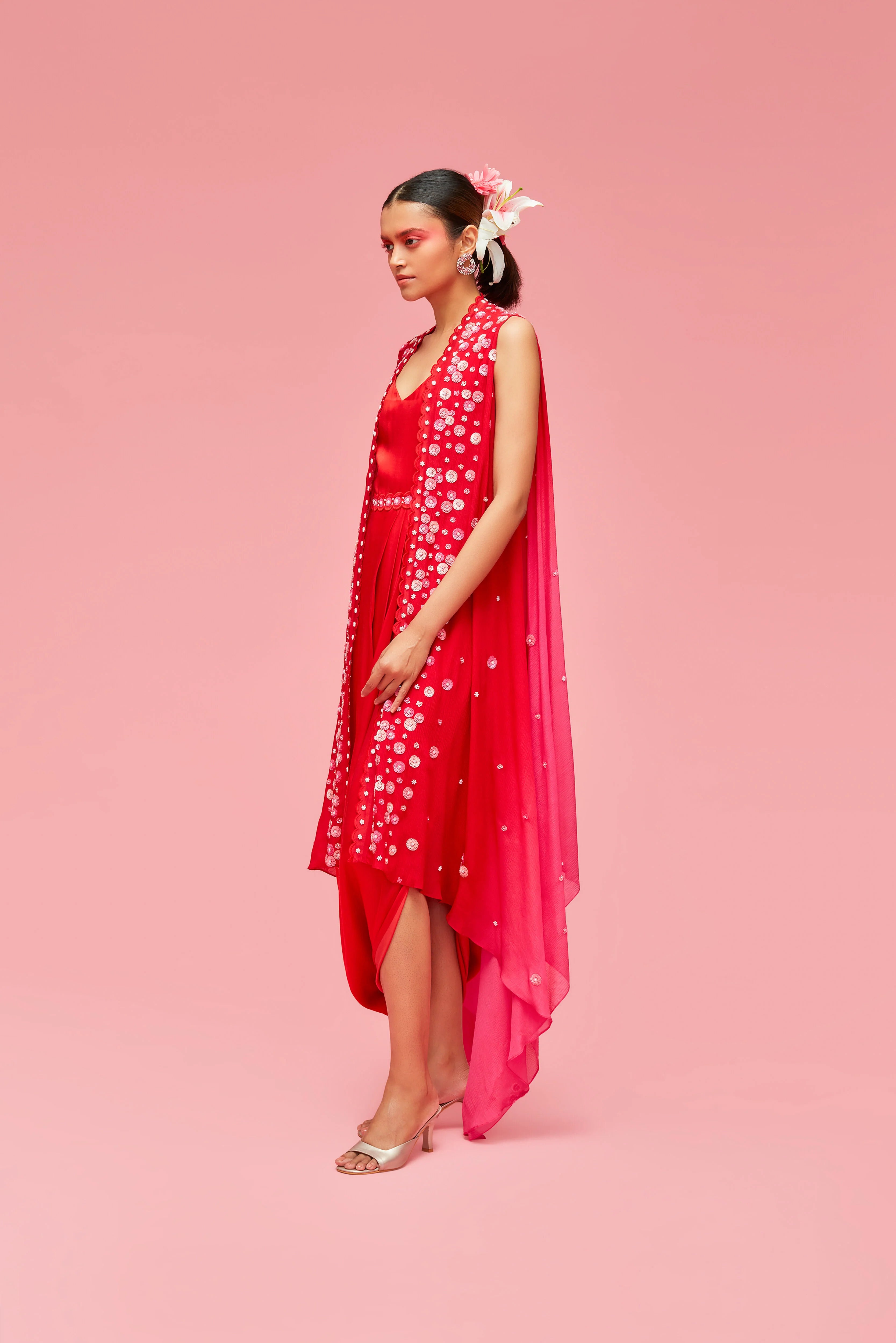 Red Pink Izmir Cape Jacket With Draped Dress