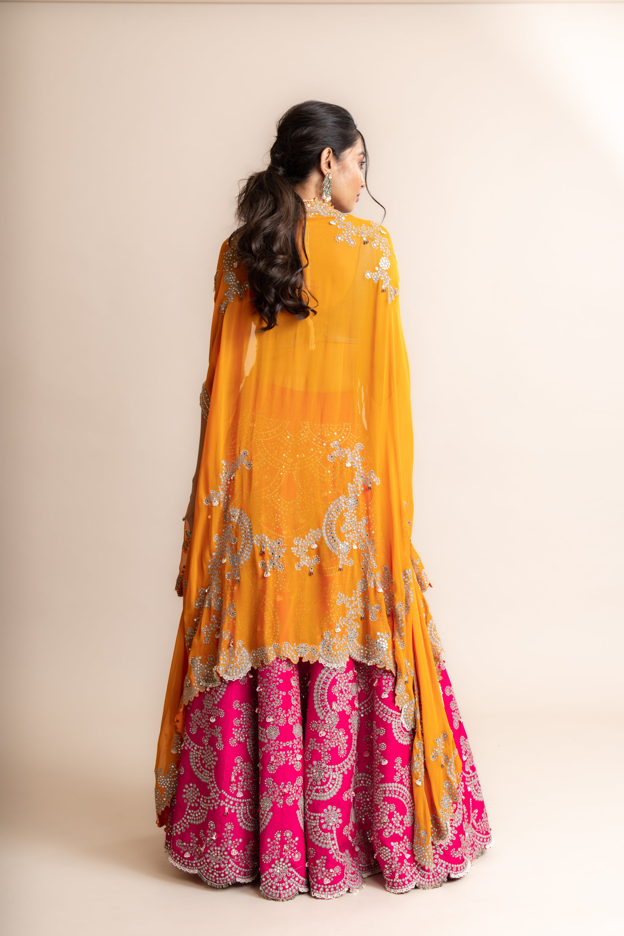 Orange Fuchsia Embroidered Lehenga Set