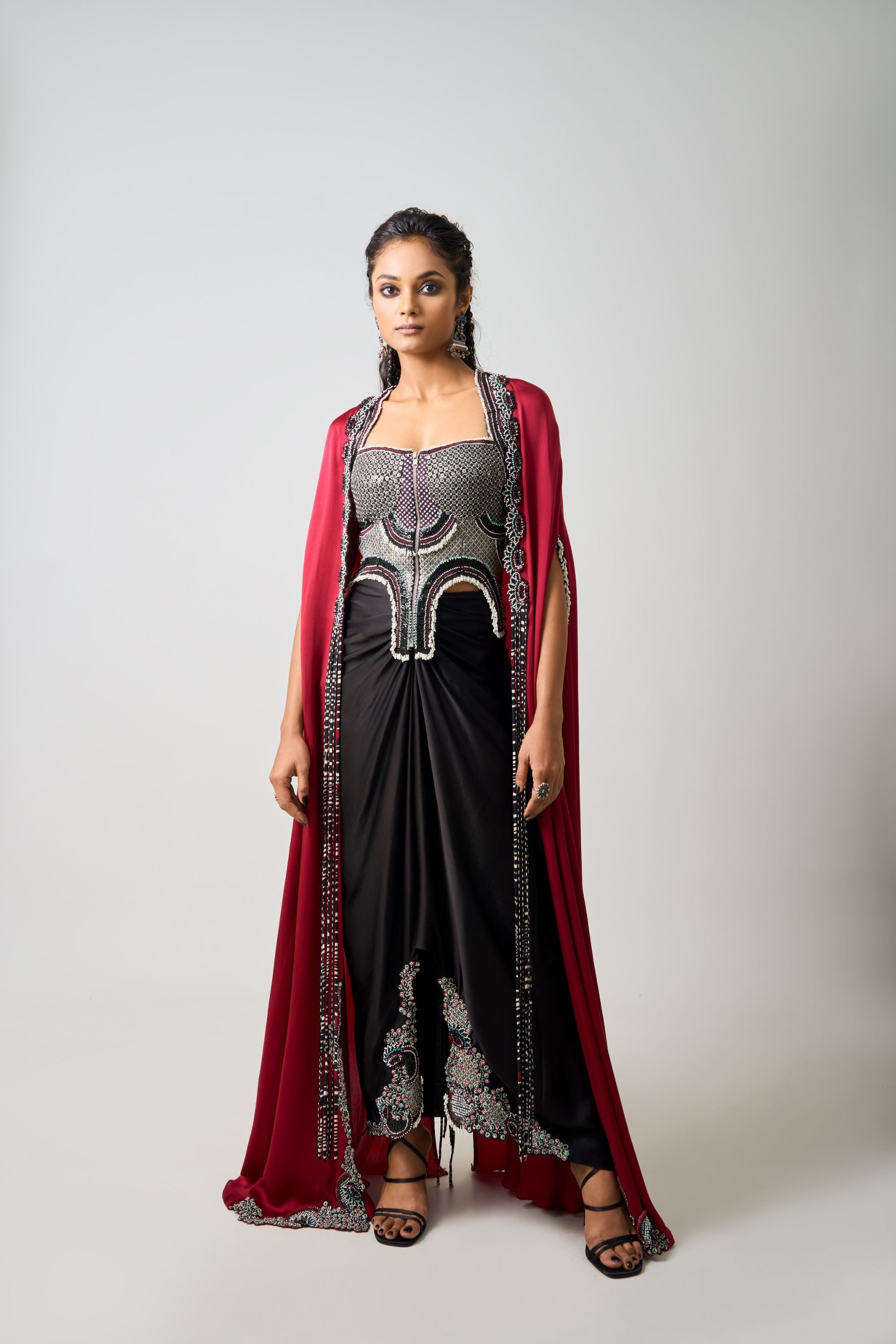 Black Hand-Embroidered Corset With Pick Up Skirt And Burgundy Slit Cape