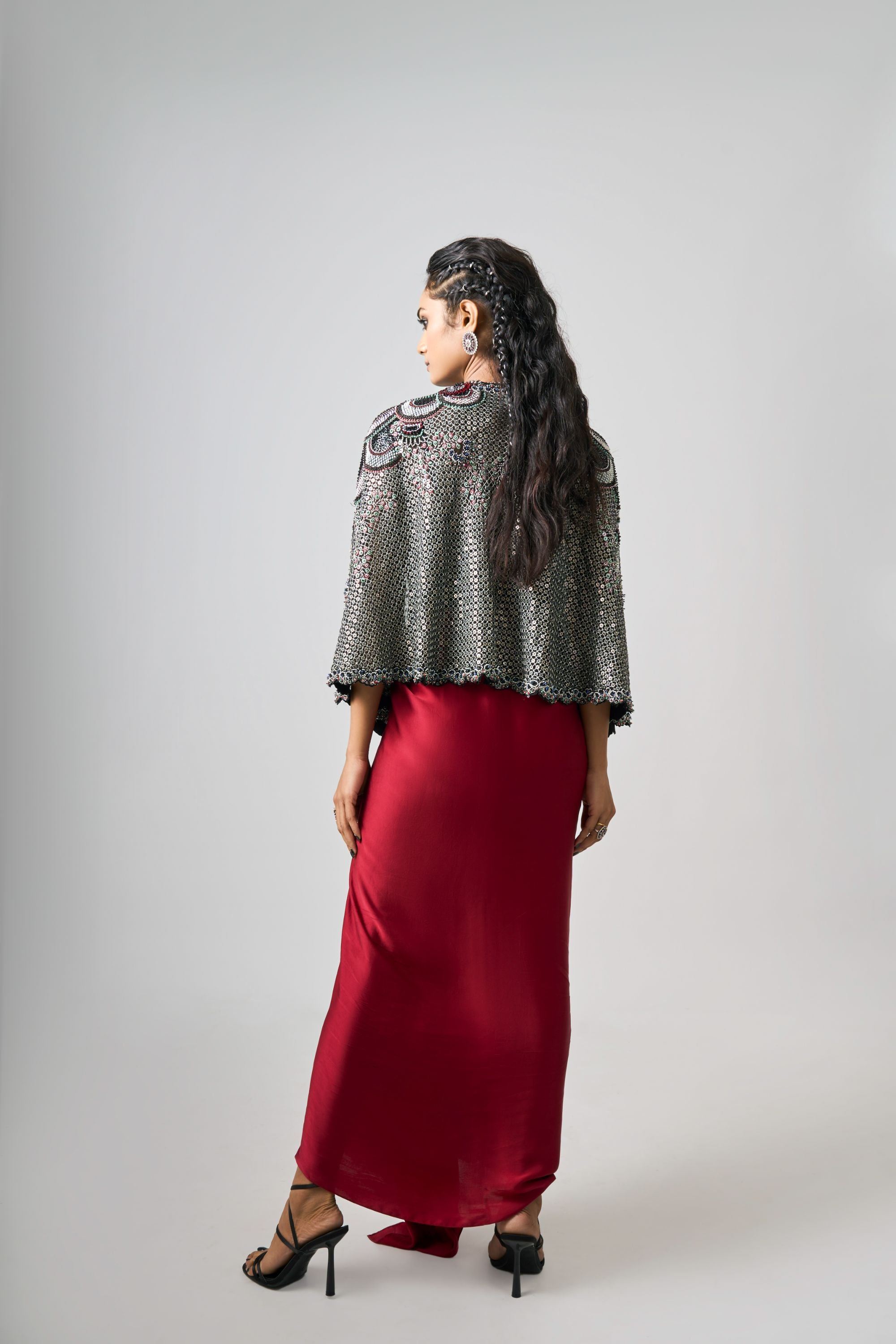 Black Hand-Embroidered Short Cape With Burgundy Bustier Dress
