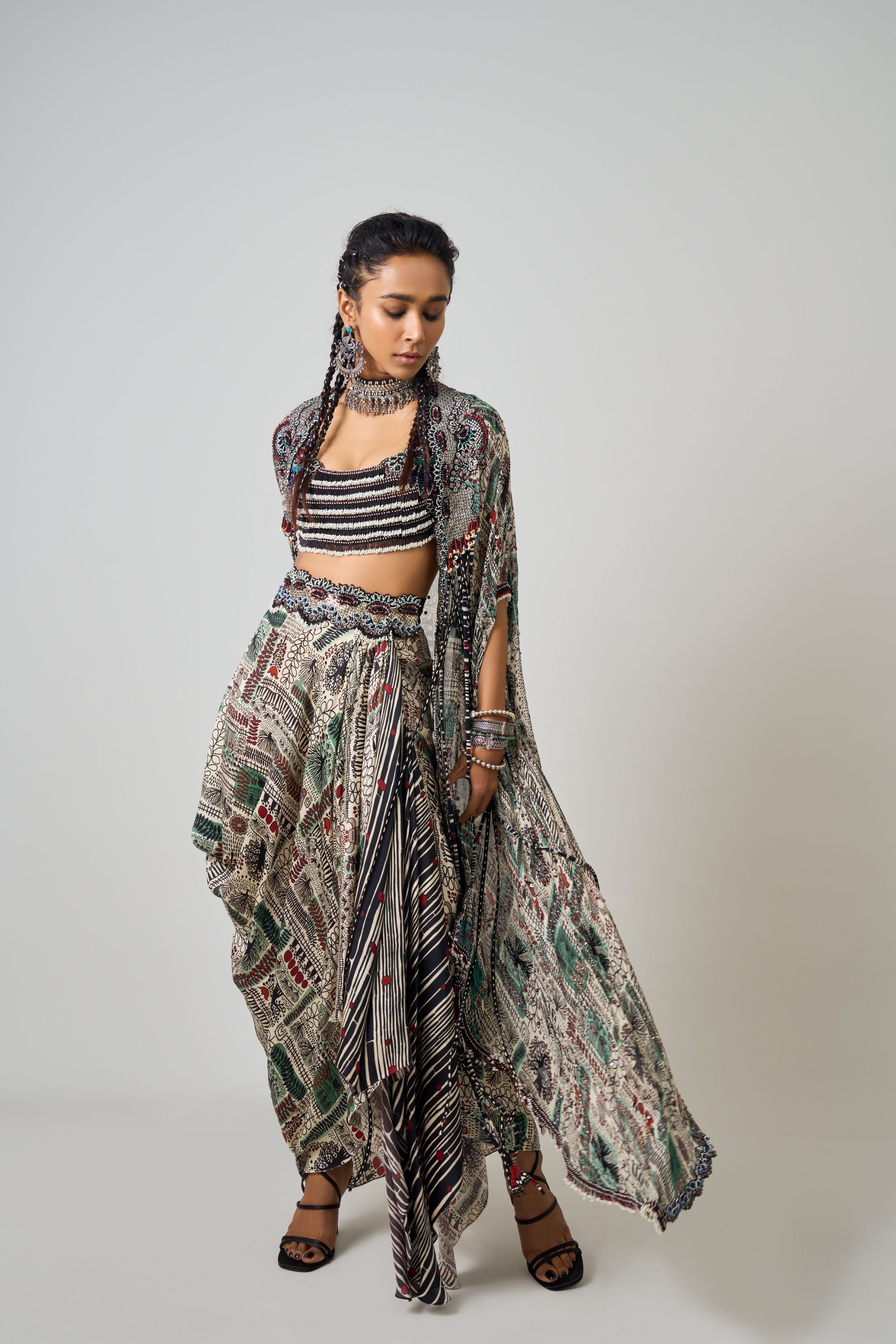 Off-White Printed & Hand-Embroidered Dupatta Cape With Floral Blouse And Cowl Skirt