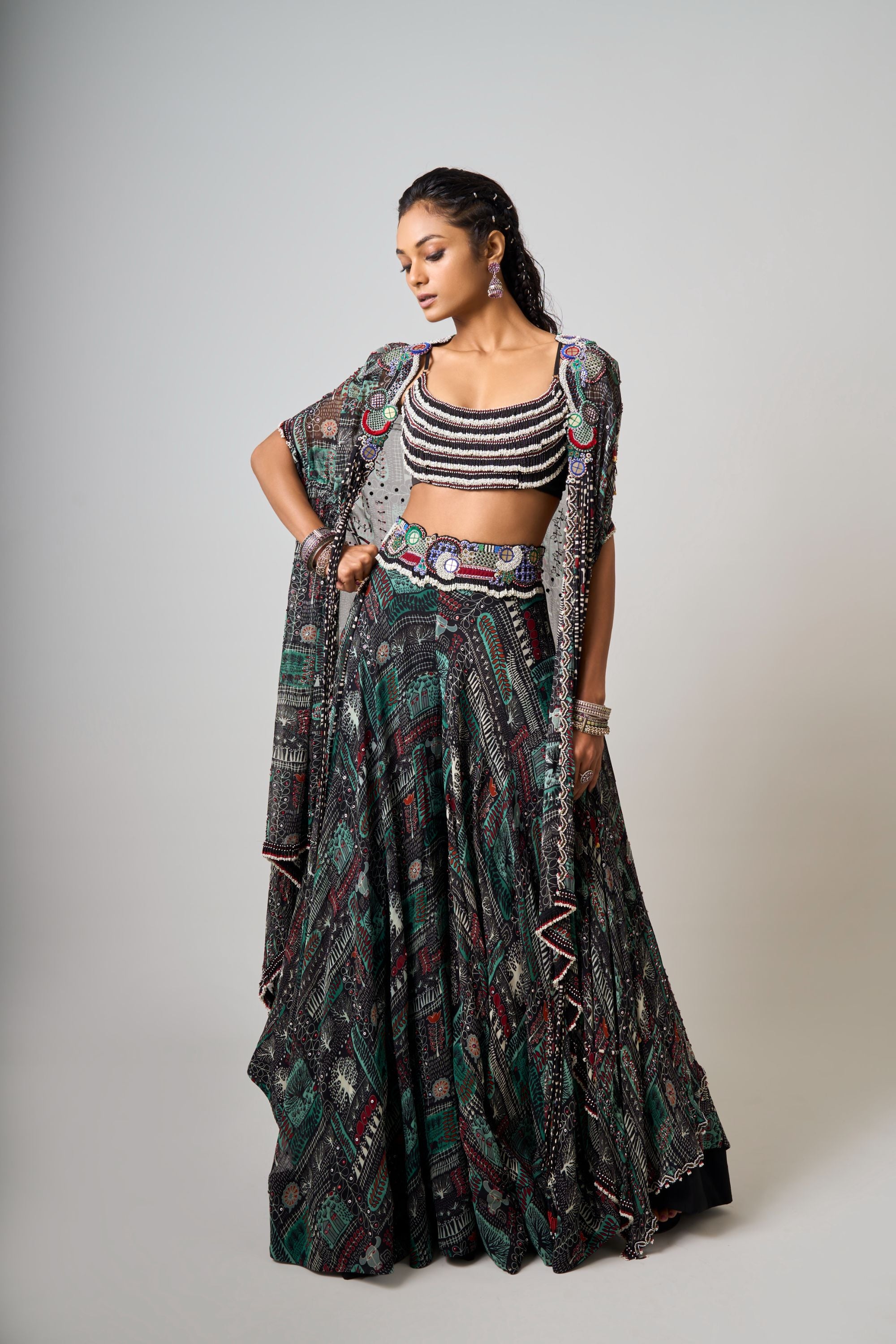 Black Printed & Hand-Embroidered Dupatta Cape With Tribal Blouse And Circular Pants