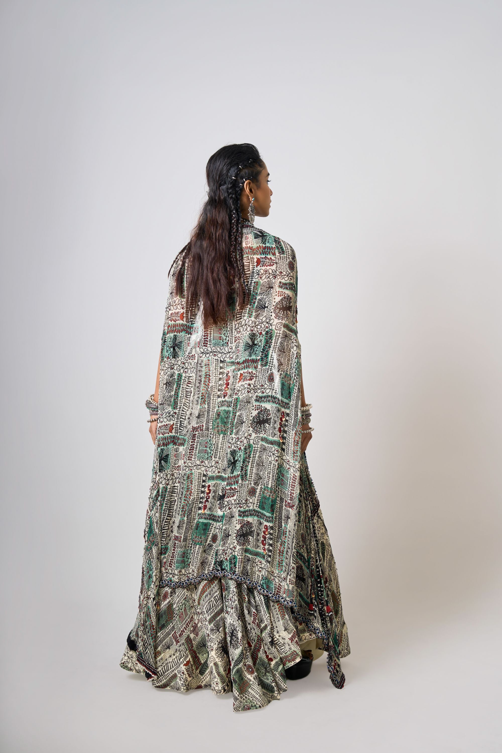 Off-White Printed & Hand-Embroidered Dupatta Cape With Floral Blouse And Circular Pants