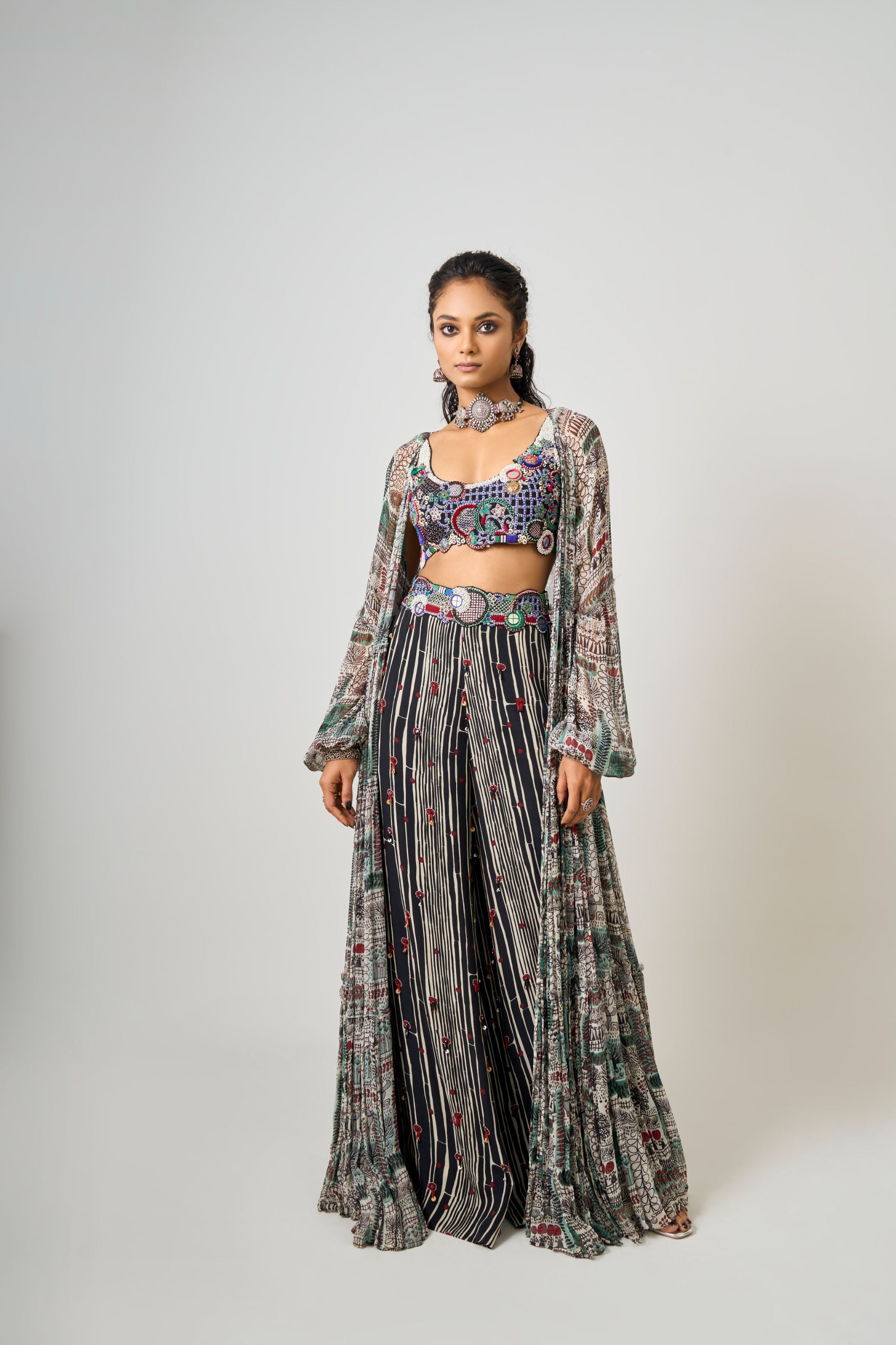 Off-White Printed Tiered Jacket With Hand-Embroidered Tribal Stripes Blouse And Black Printed & Hand-Embroidered A-Line Pants