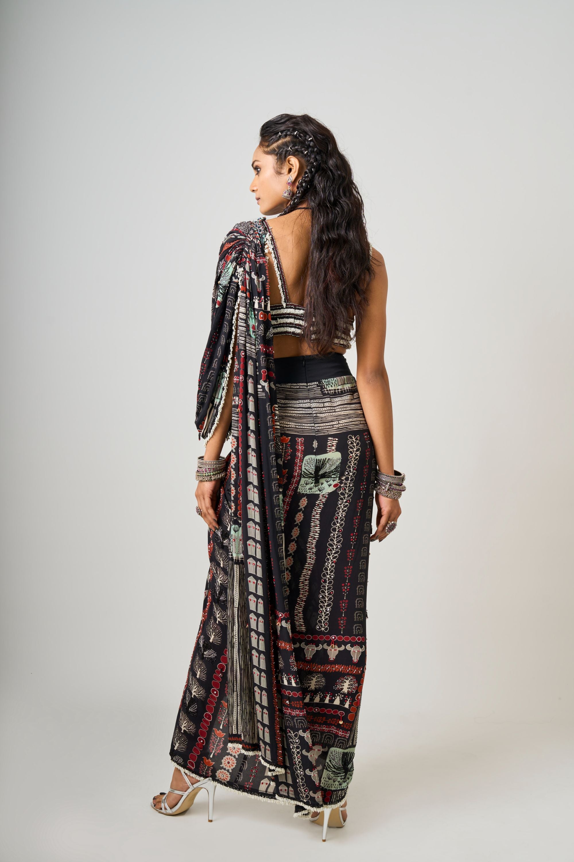 Black Printed & Hand-Embroidered Pre-Draped Drawstring Sari With Fringe Blouse