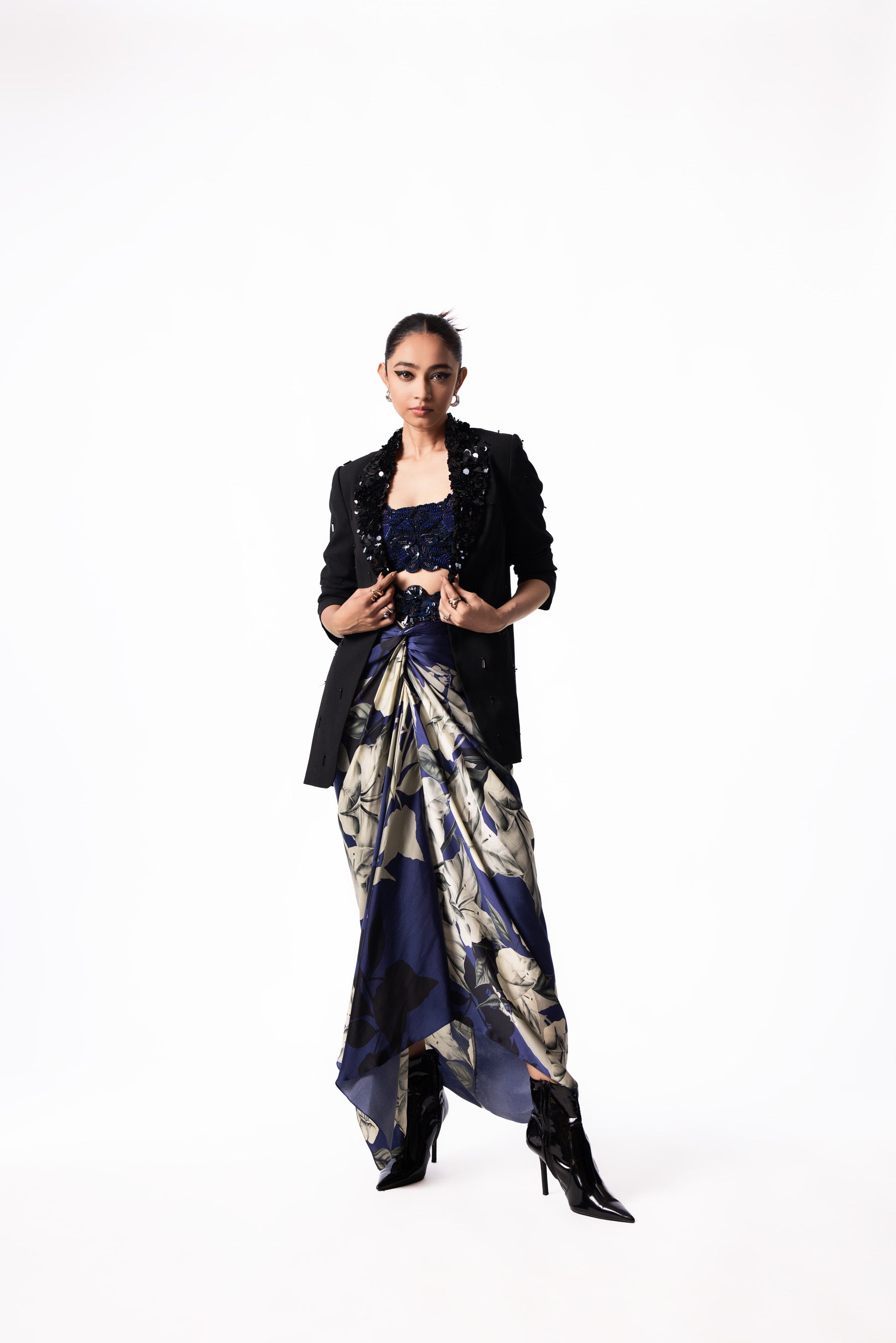 Navy Sequin Bustier Printed Skirt Set