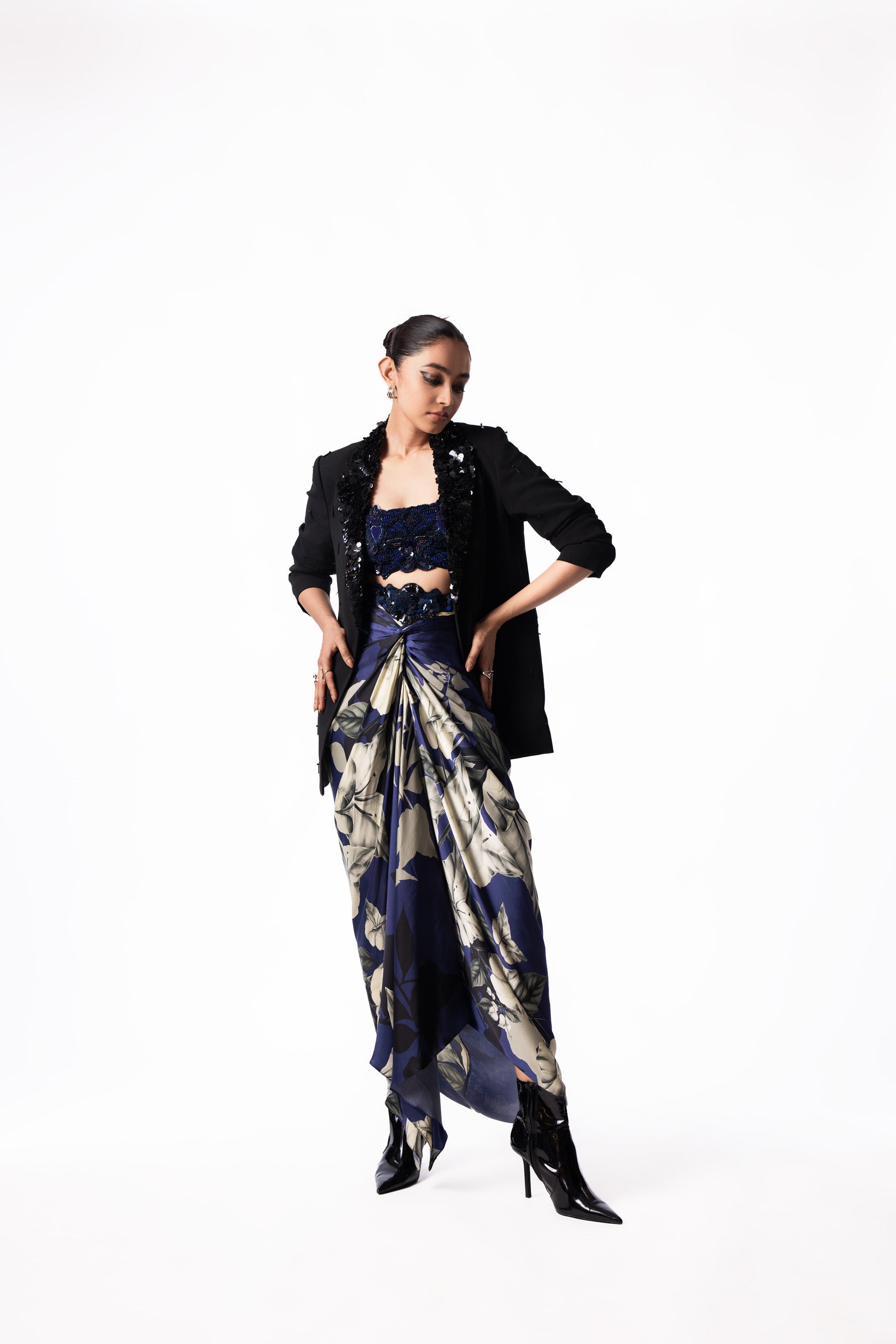 Navy Sequin Bustier Printed Skirt Set