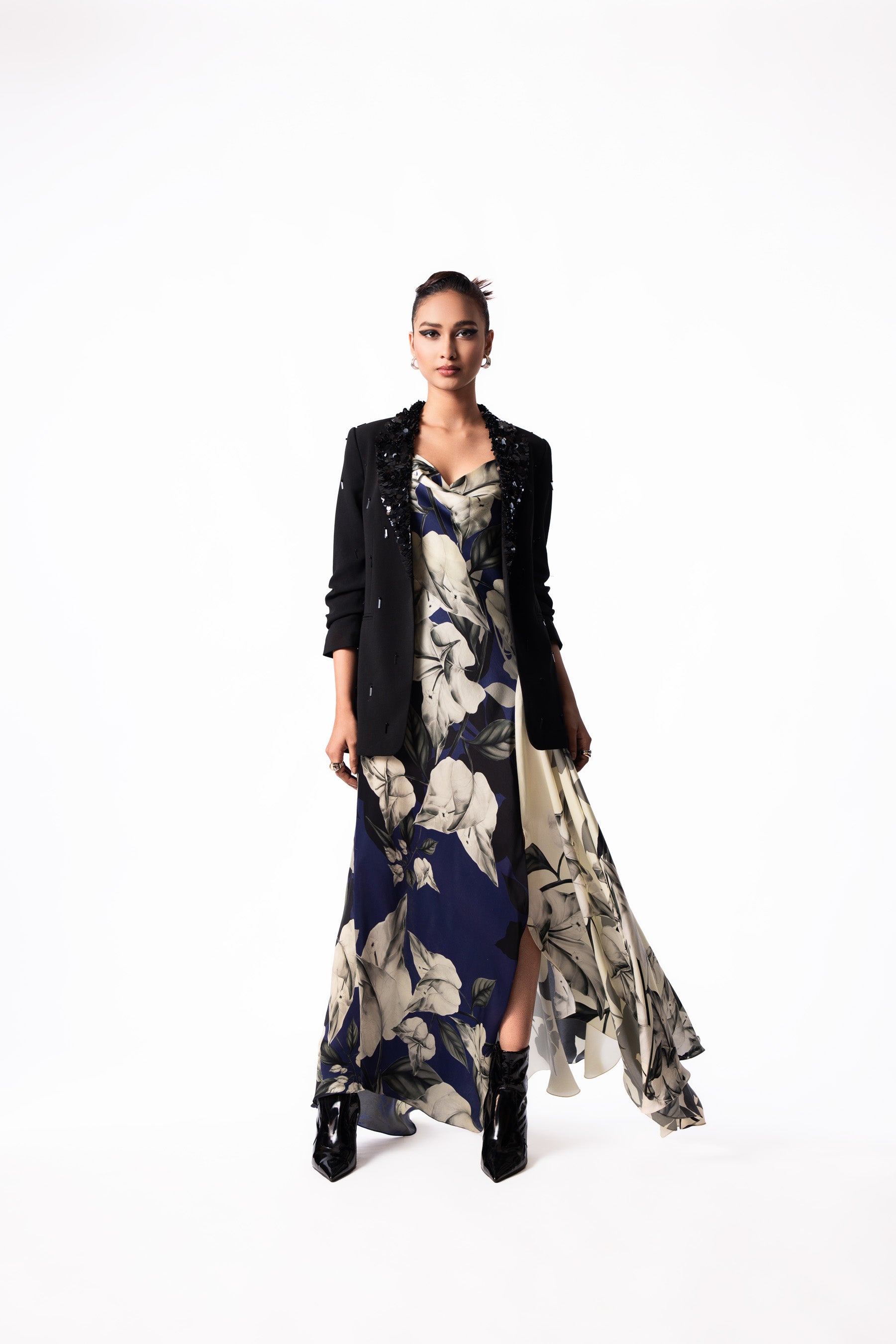 Navy Printed Satin Cowl Dress