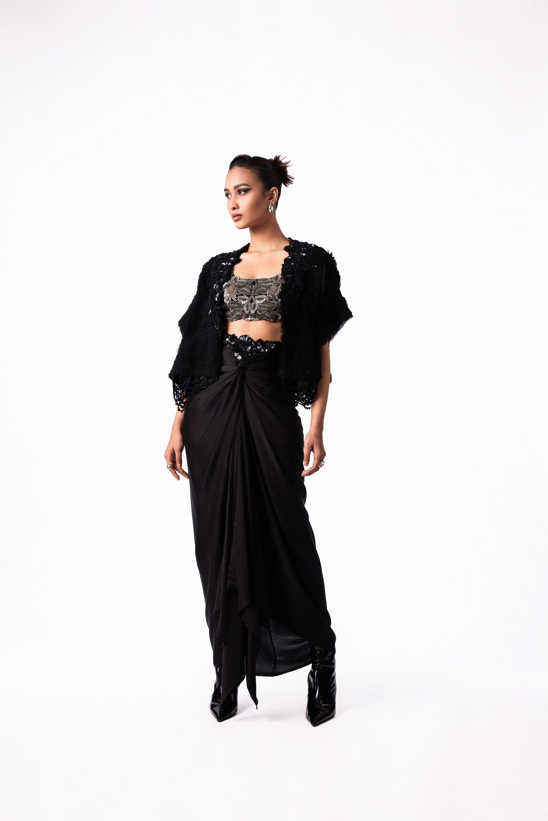 Silver Sequin Bustier Knot Skirt Gilet Set