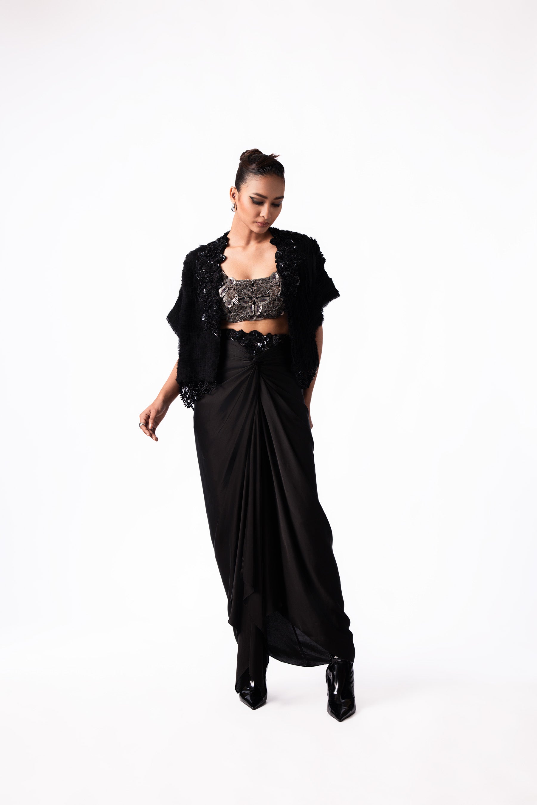 Silver Sequin Bustier Knot Skirt Gilet Set
