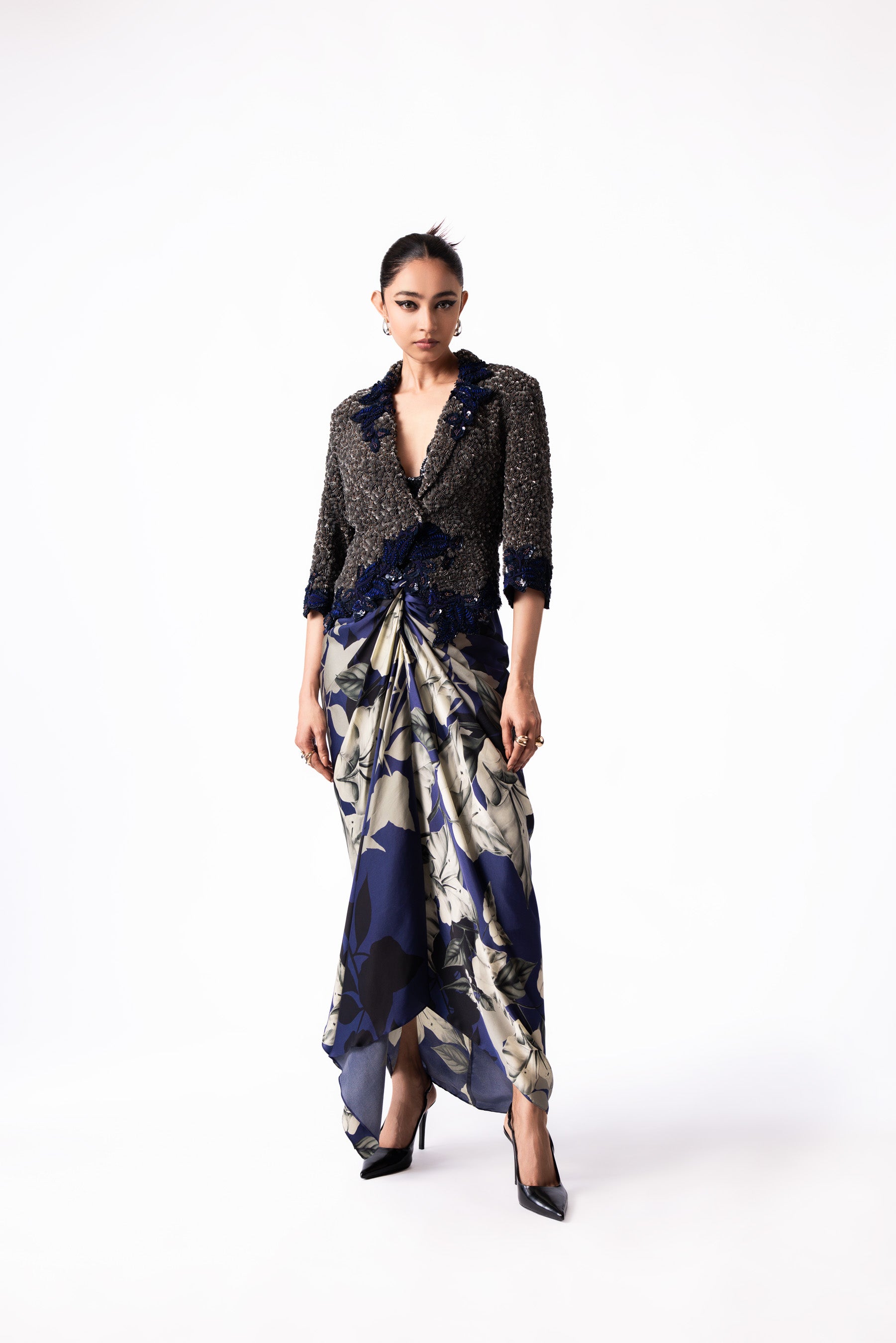 Silver Navy Sequin Embroidered Blazer Skirt Set