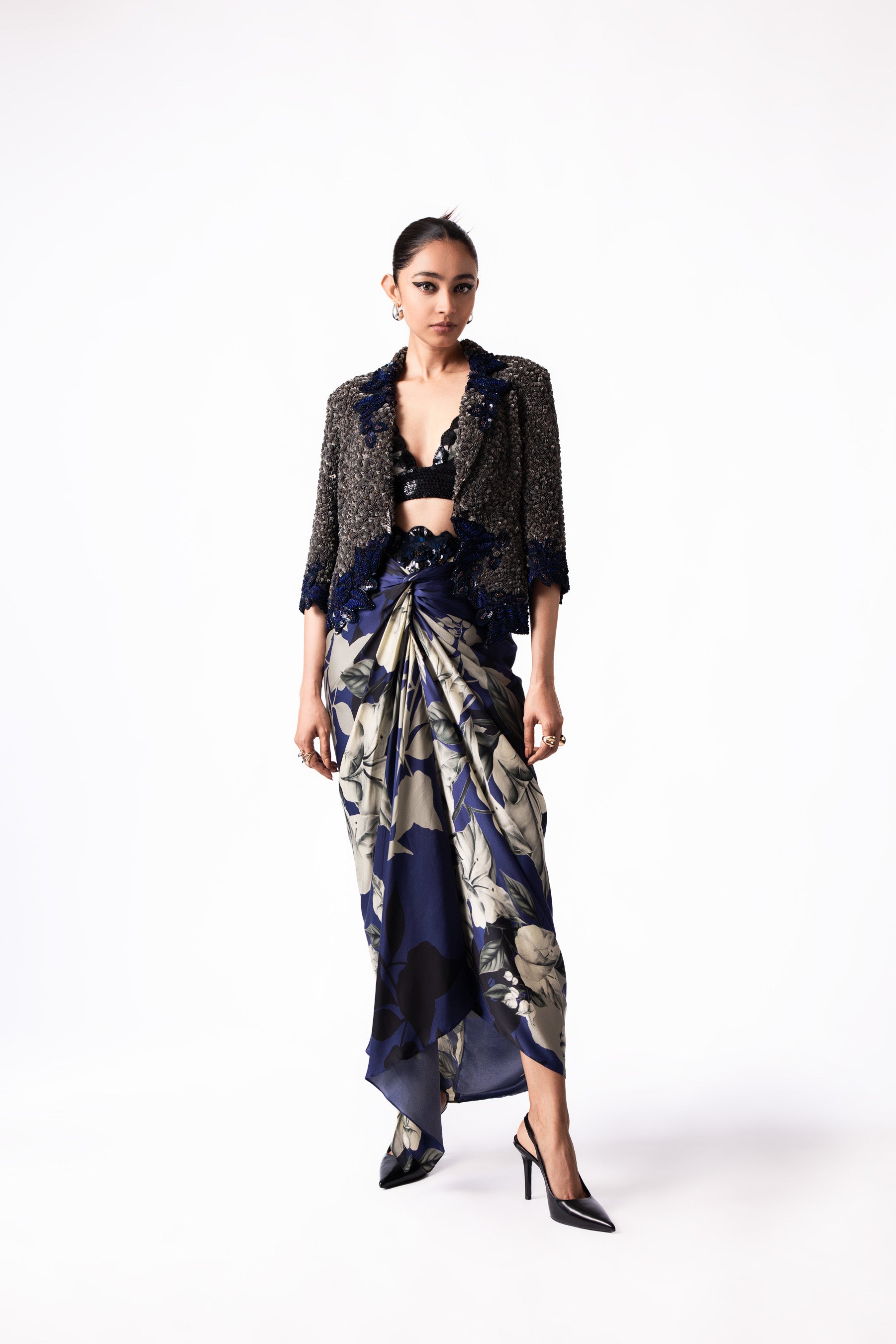 Silver Navy Sequin Embroidered Blazer Skirt Set