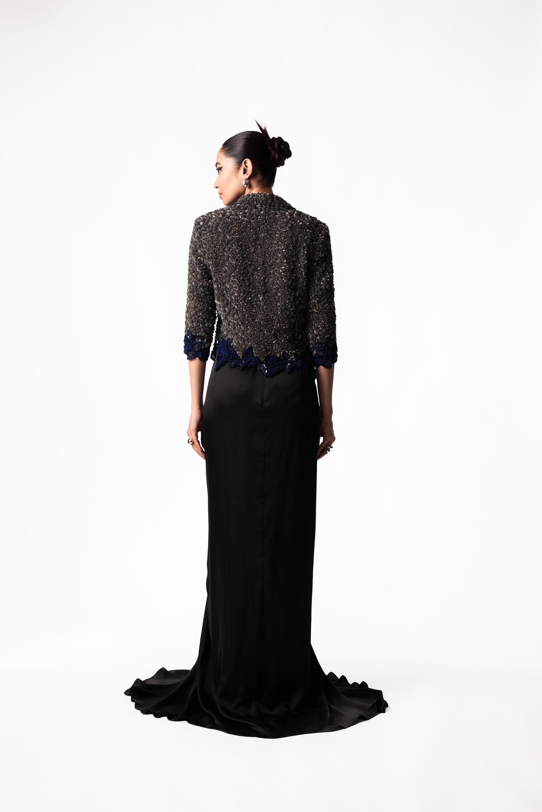 Silver Navy Sequin Blazer Trail Skirt Set