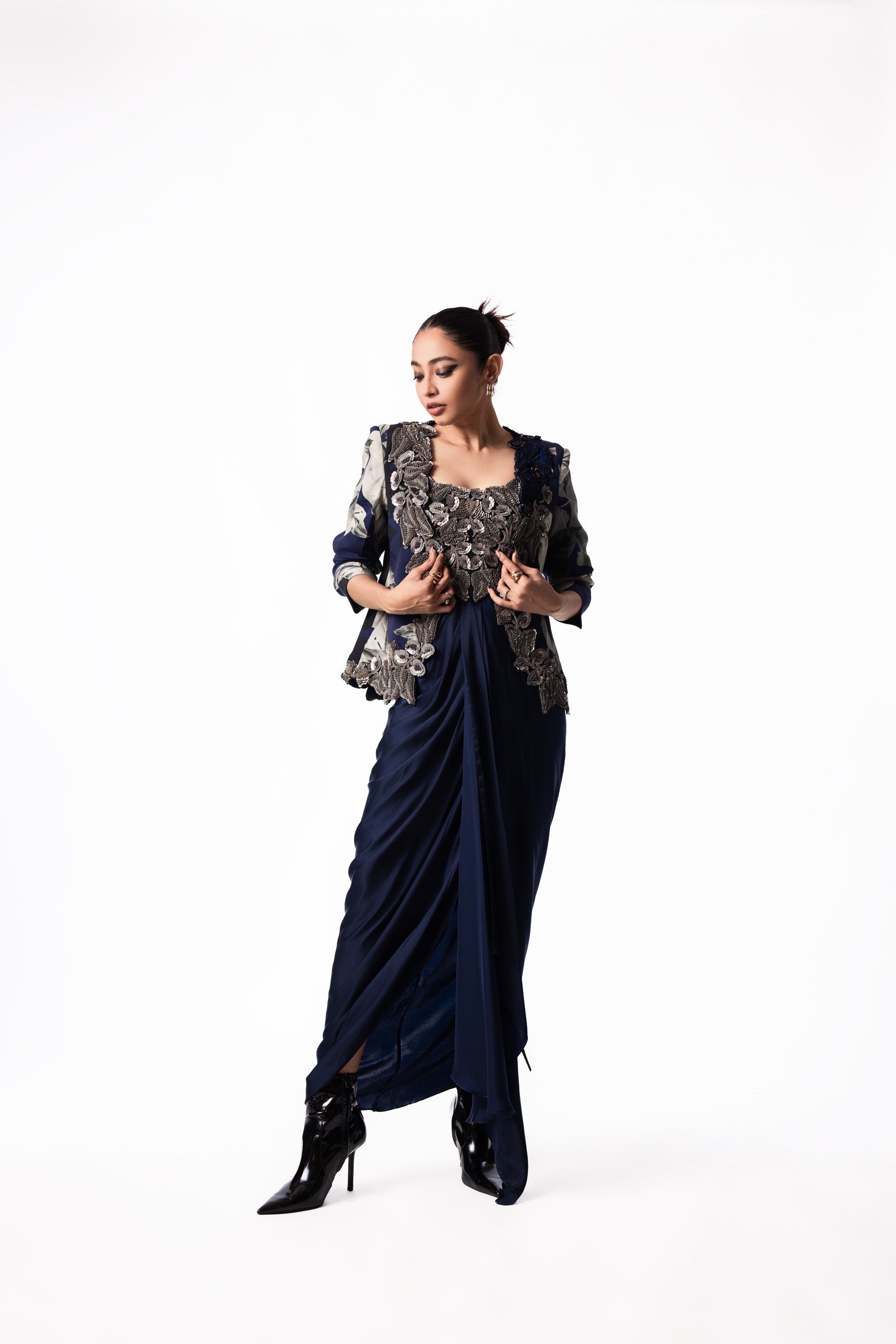 Silver Sequin Draped Bustier Slit Blazer Dress
