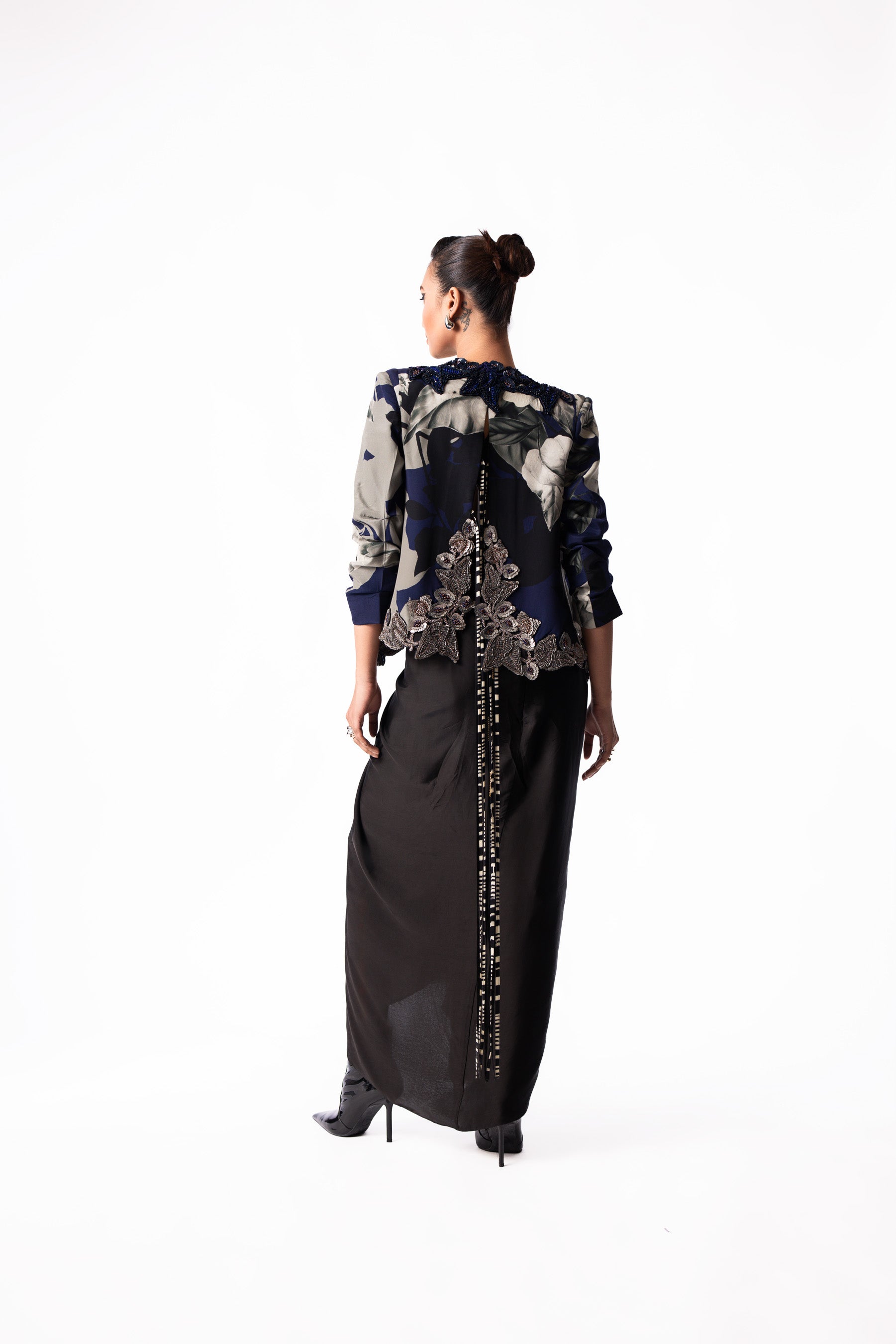 Silver Sequin Bustier Knot Skirt Slit Blazer Set