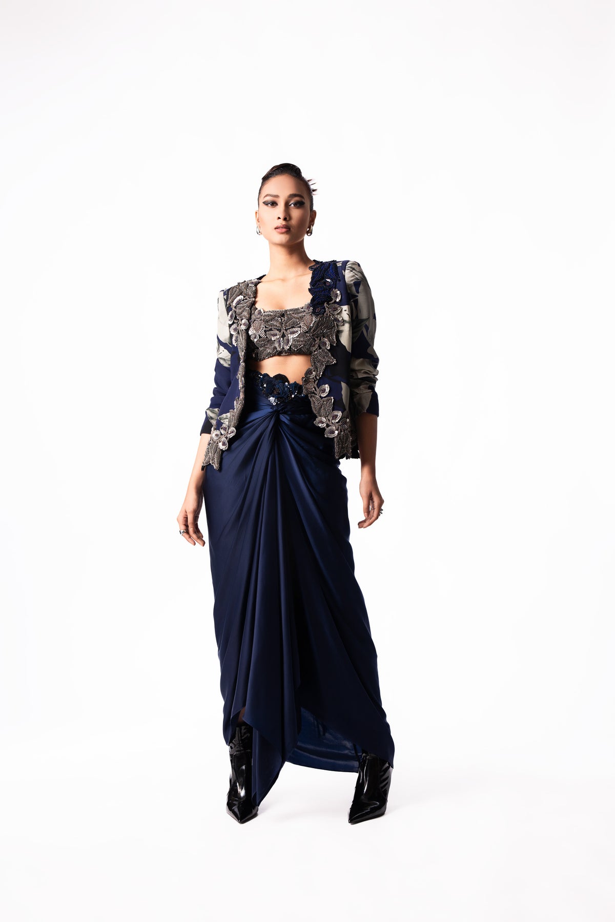 Silver Sequin Bustier Satin Skirt Slit Blazer Set
