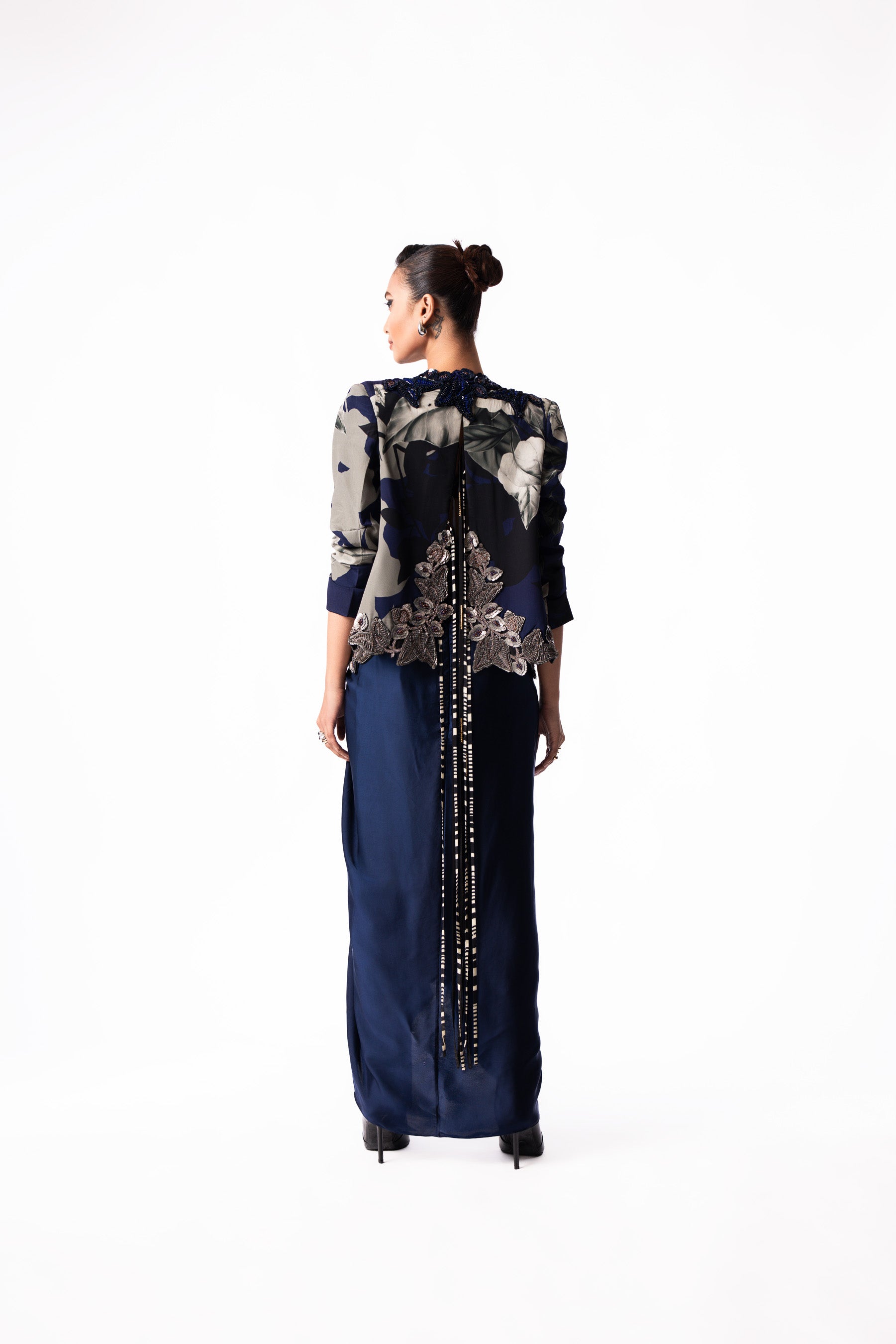 Silver Sequin Bustier Satin Skirt Slit Blazer Set