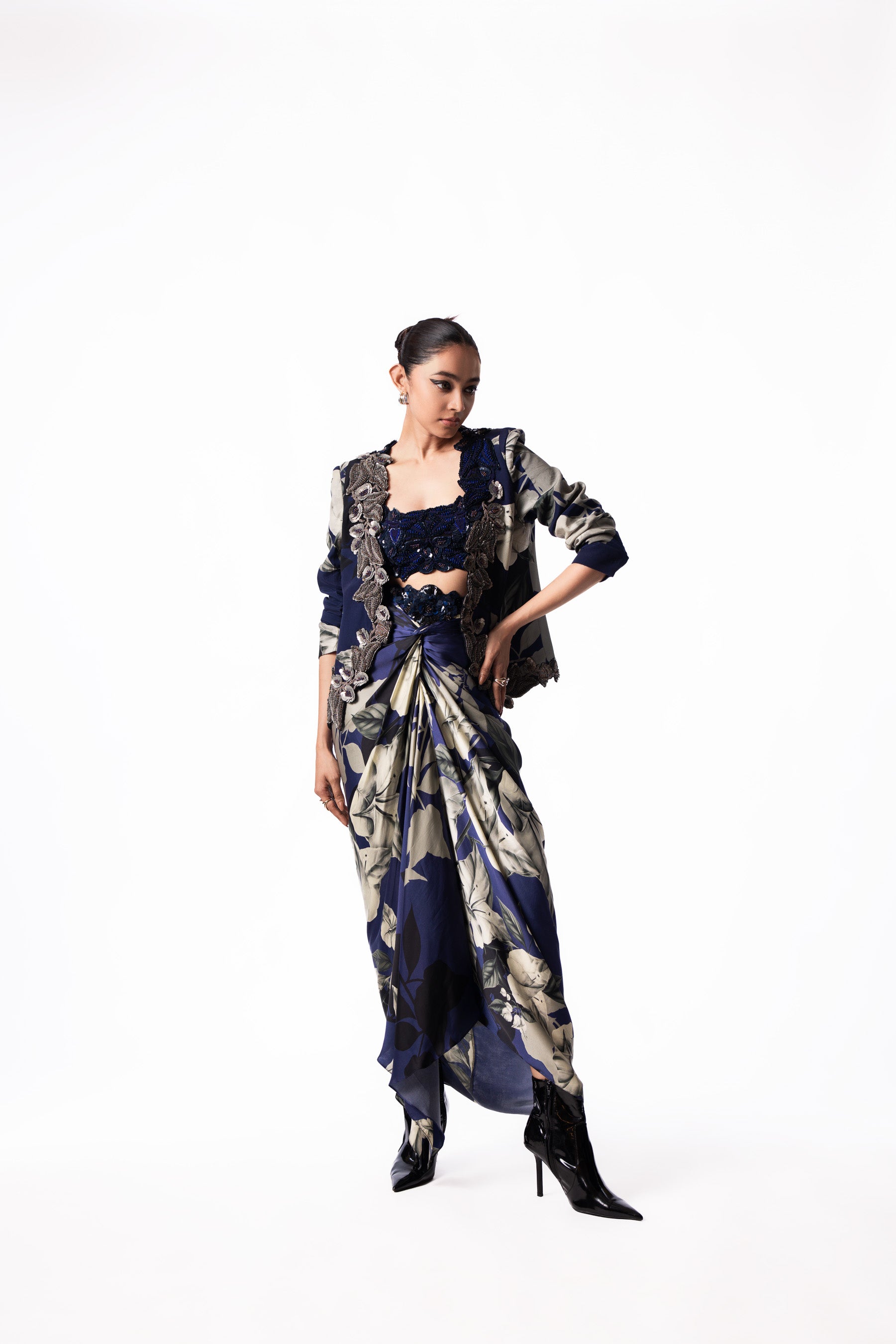 Navy Sequin Bustier Printed Skirt Slit Blazer Set