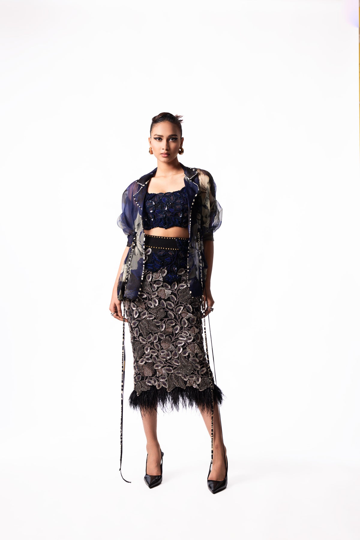 Navy Sequin Feather Bustier Peplum Jacket Set