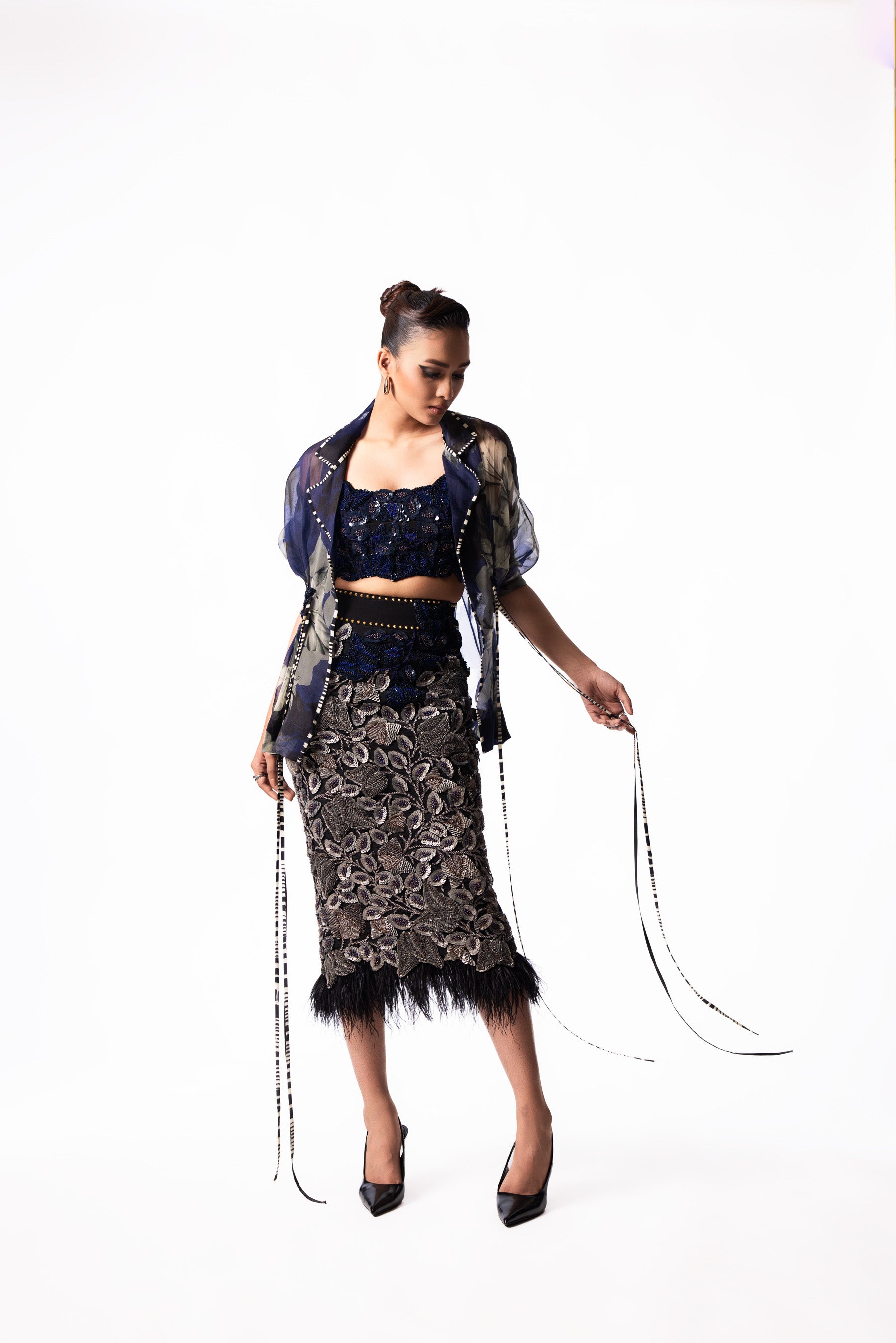 Navy Sequin Feather Bustier Peplum Jacket Set