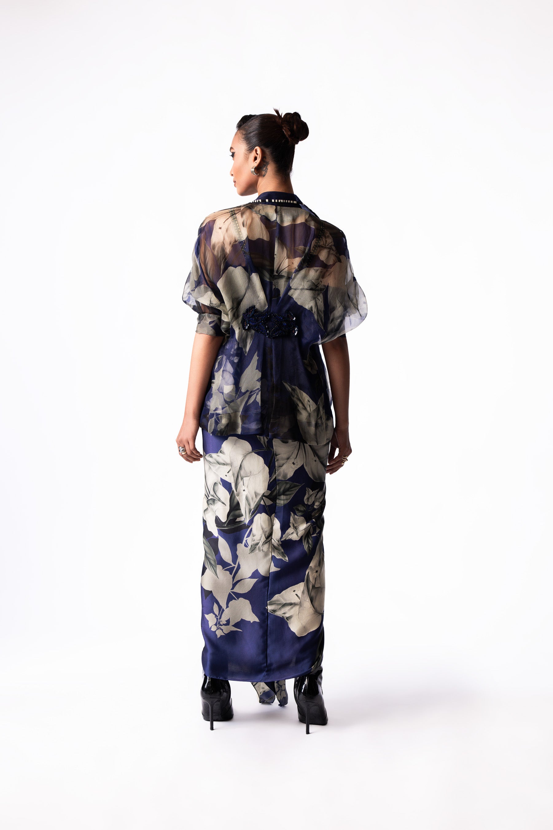 Navy Printed Draped Bustier Peplum Jacket Dress